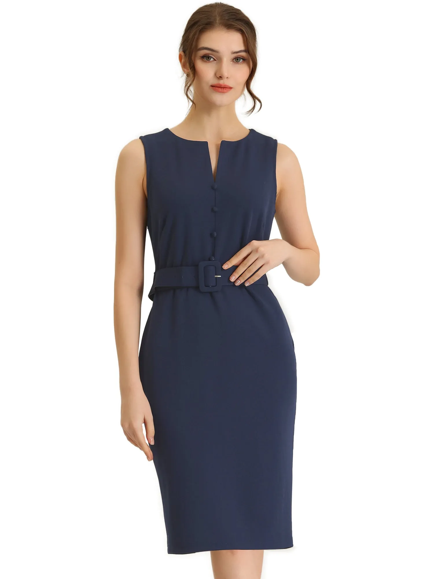 Elegant Sleeveless Work Round Neck Bodycon Sheath Dress