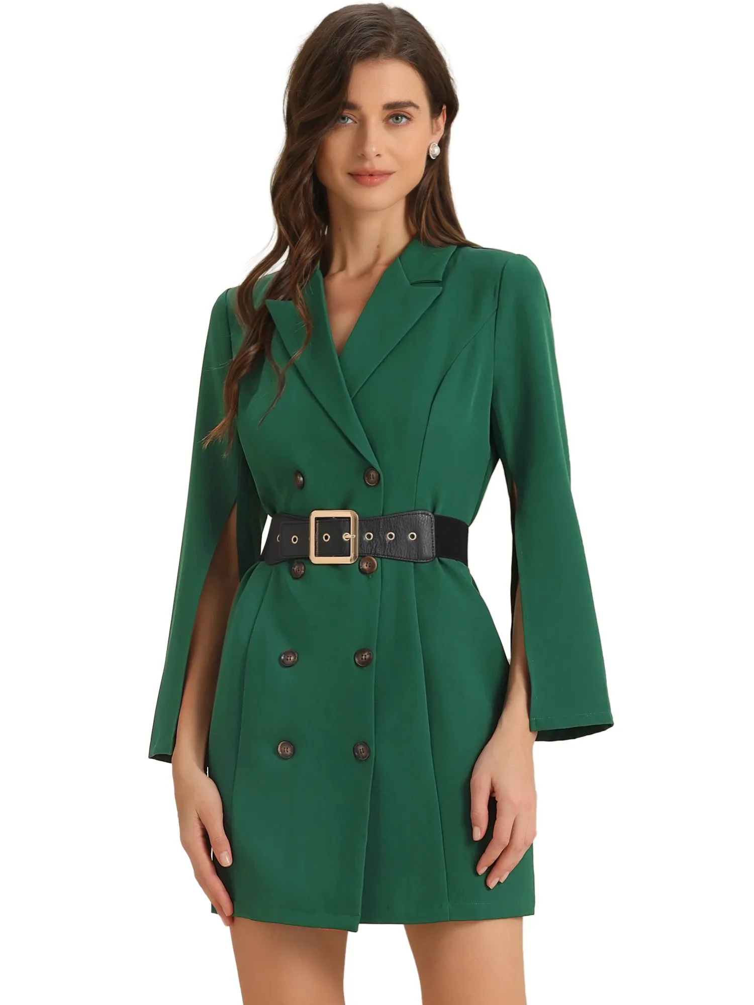 Elegant Slit Sleeve Belted Double Breasted Work Office Blazer Dress