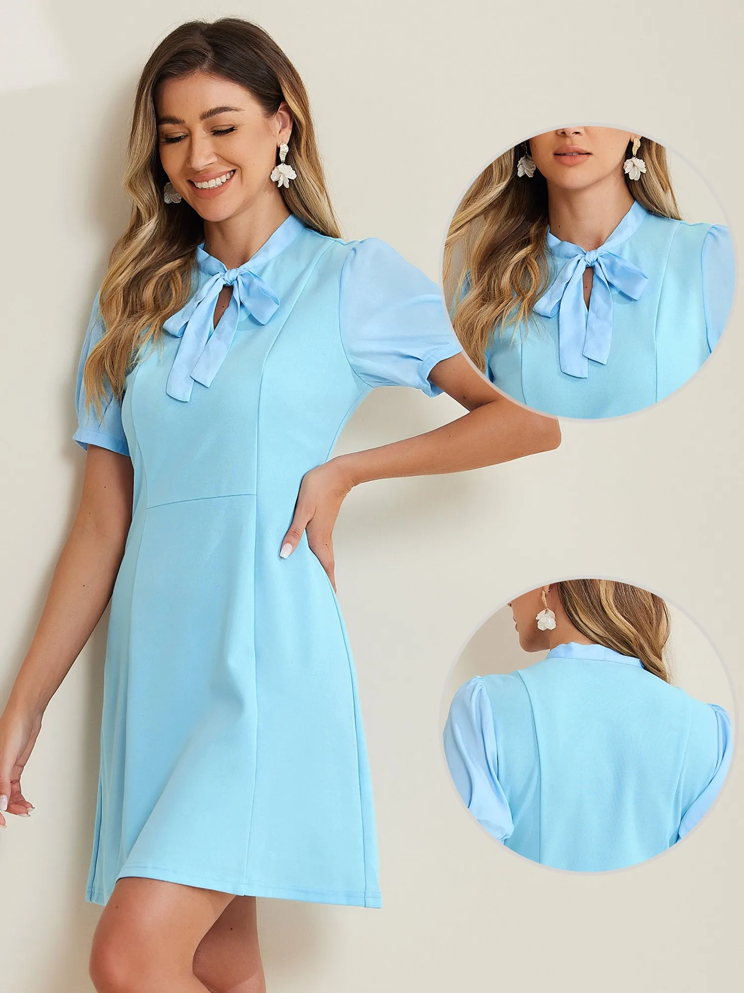 Elegant Tie Neck Puff Short Sleeve Office Work Dress