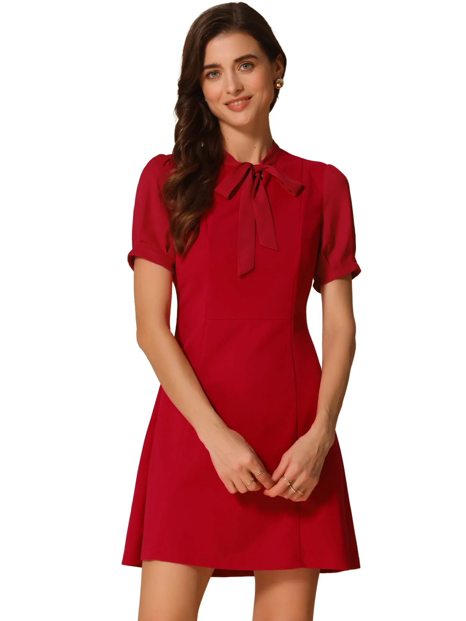 Elegant Tie Neck Puff Short Sleeve Office Work Dress