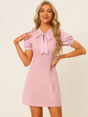 Elegant Tie Neck Puff Short Sleeve Office Work Dress