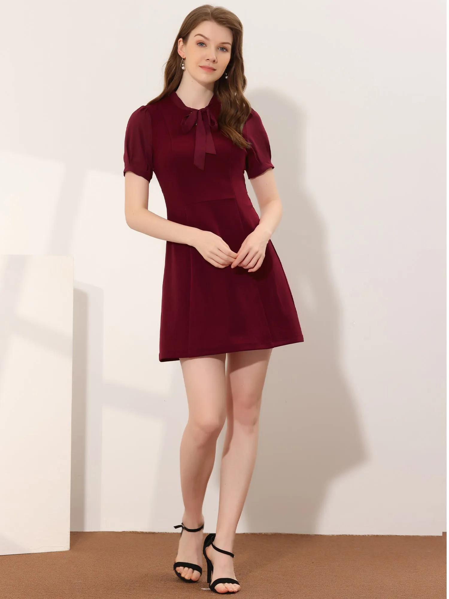 Elegant Tie Neck Puff Short Sleeve Office Work Dress