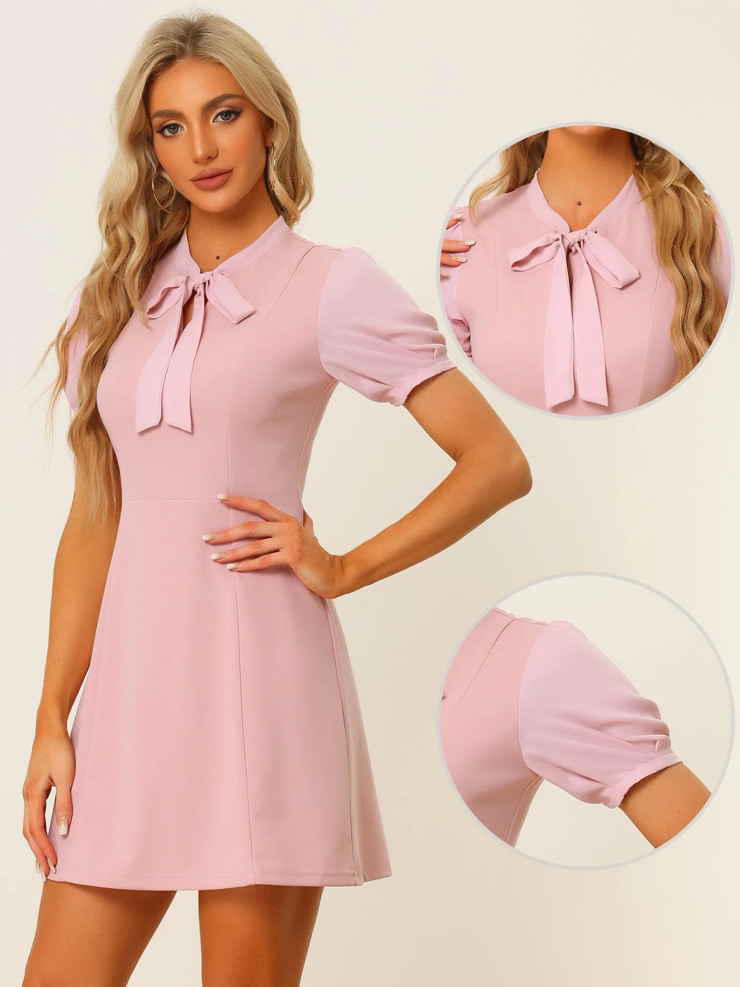 Elegant Tie Neck Puff Short Sleeve Office Work Dress