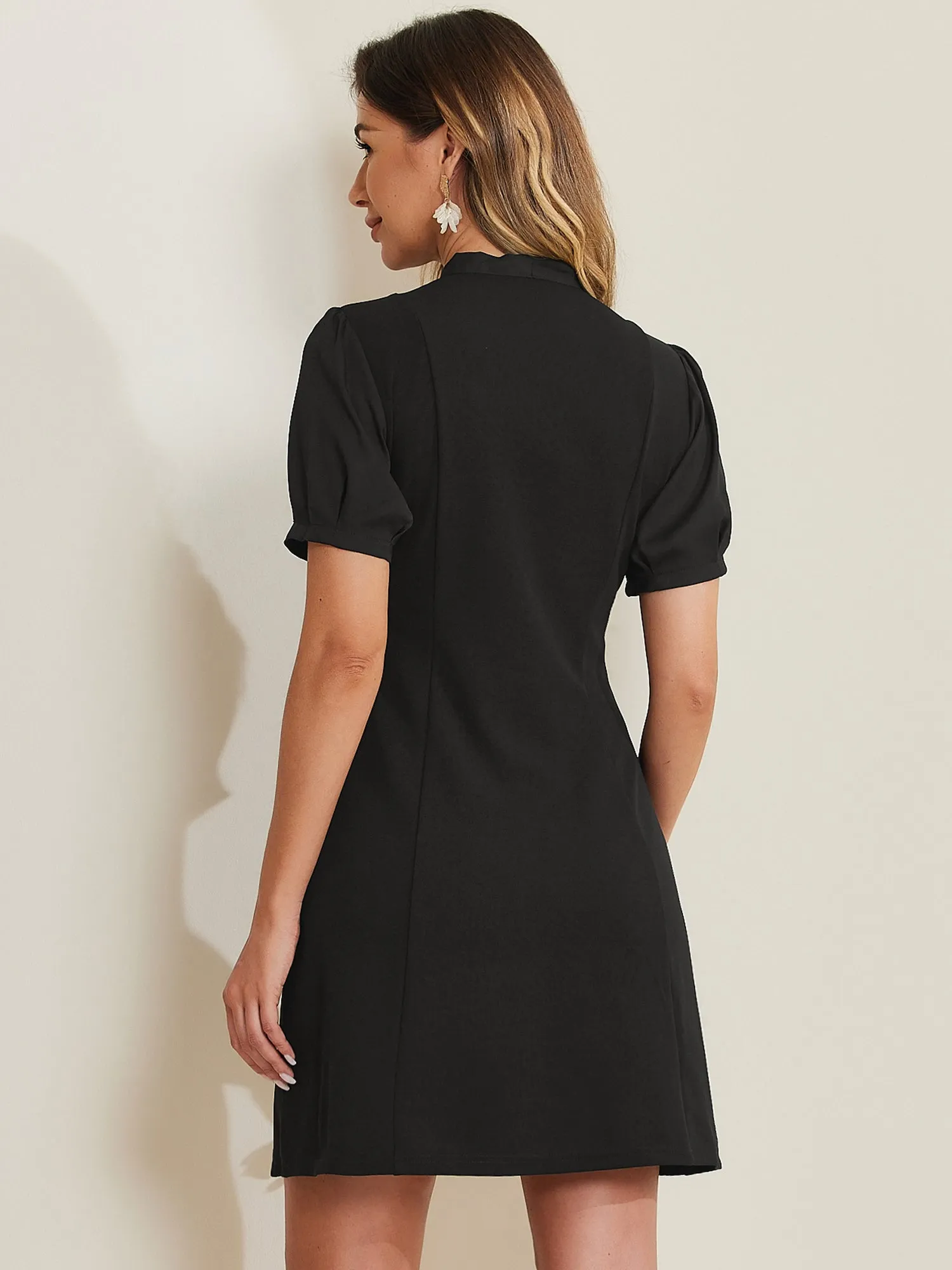 Elegant Tie Neck Puff Short Sleeve Office Work Dress