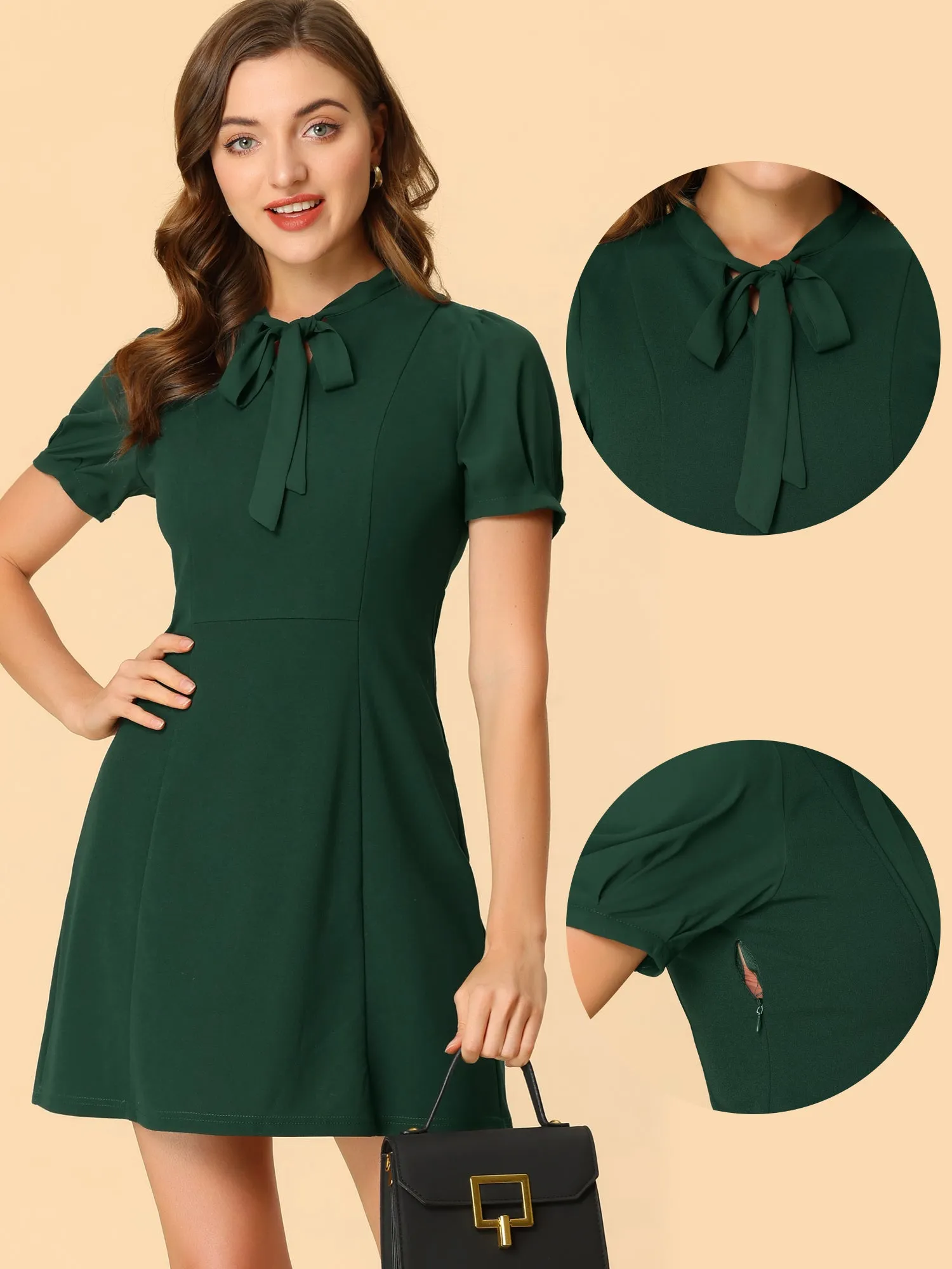 Elegant Tie Neck Puff Short Sleeve Office Work Dress