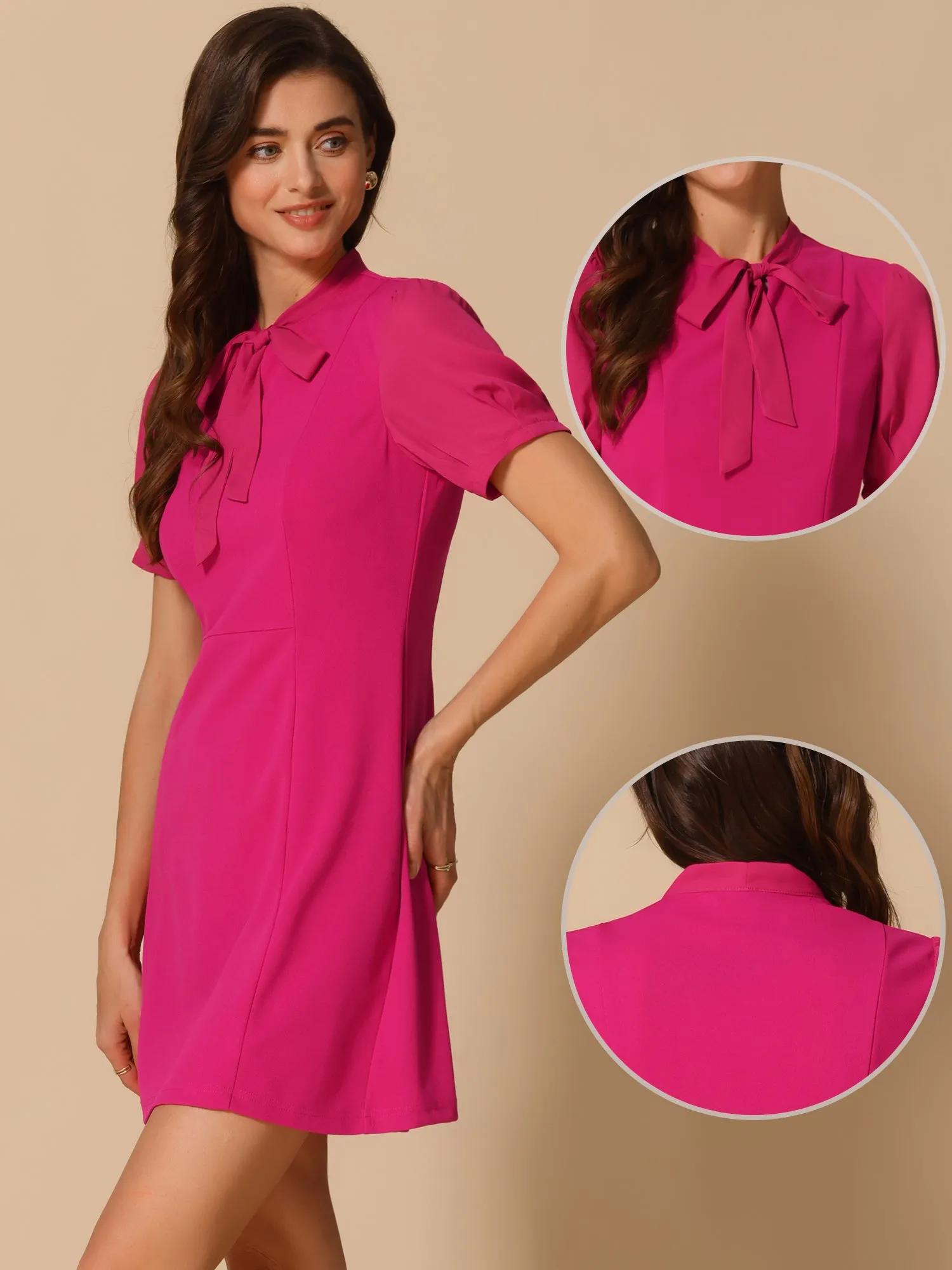 Elegant Tie Neck Puff Short Sleeve Office Work Dress