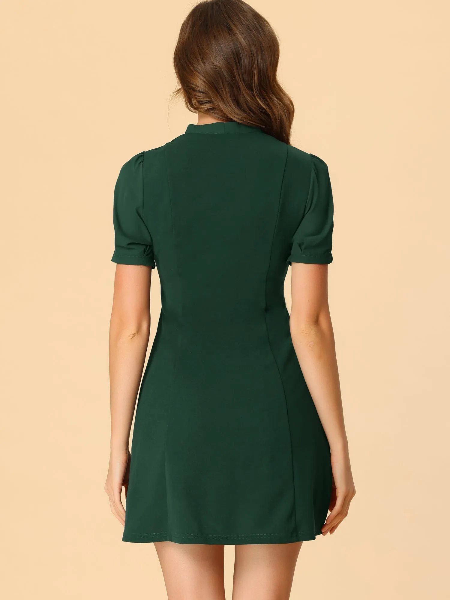Elegant Tie Neck Puff Short Sleeve Office Work Dress