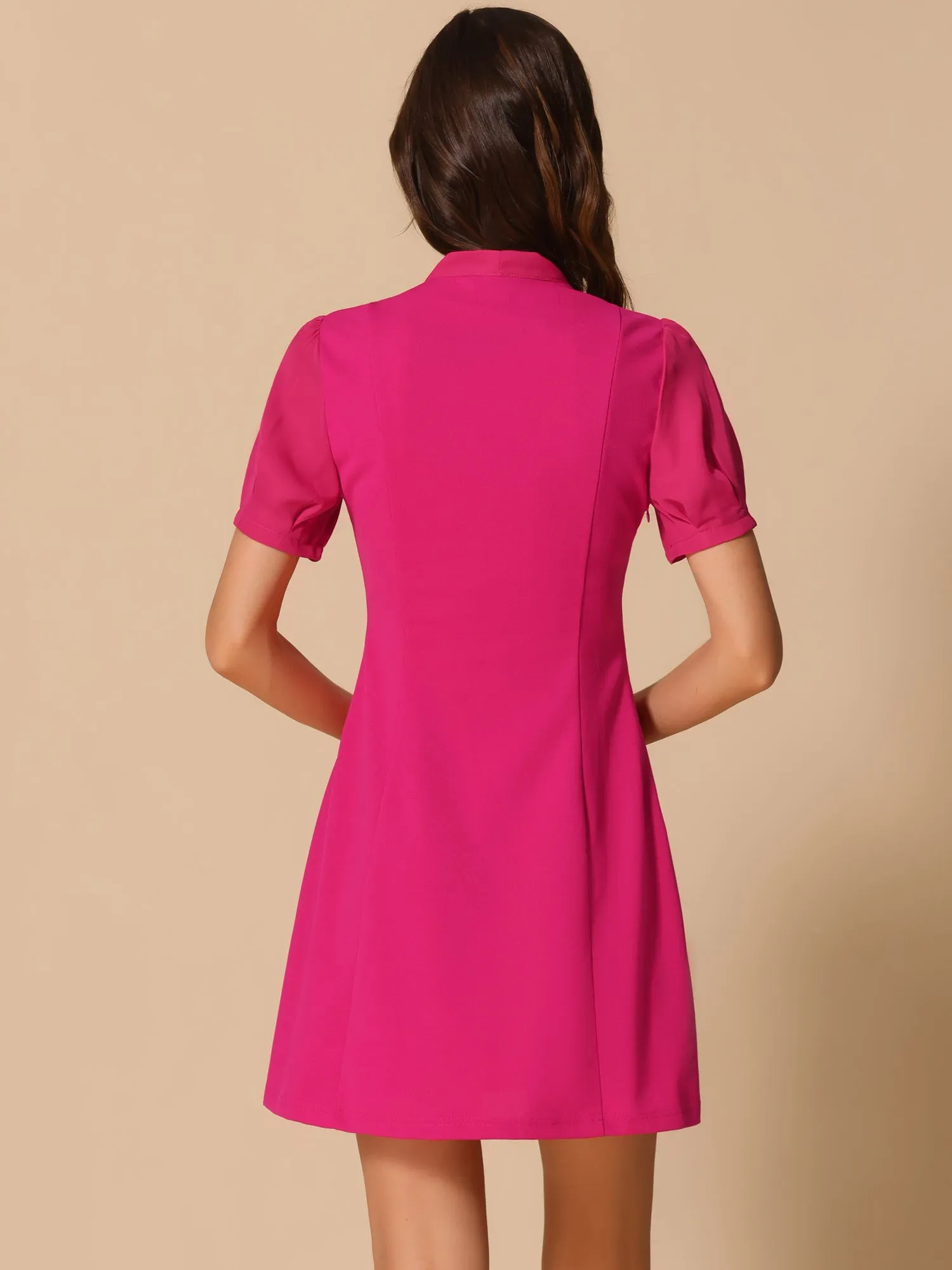 Elegant Tie Neck Puff Short Sleeve Office Work Dress