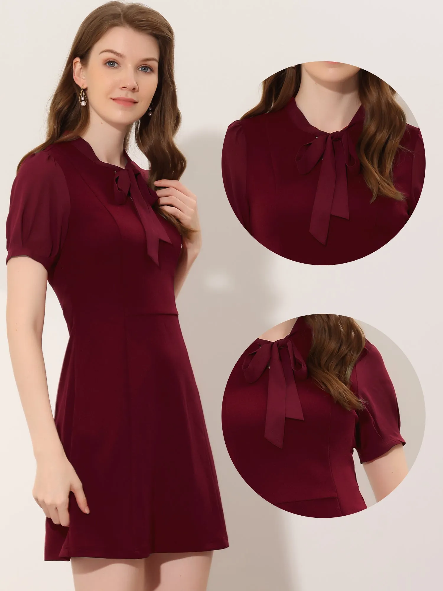 Elegant Tie Neck Puff Short Sleeve Office Work Dress