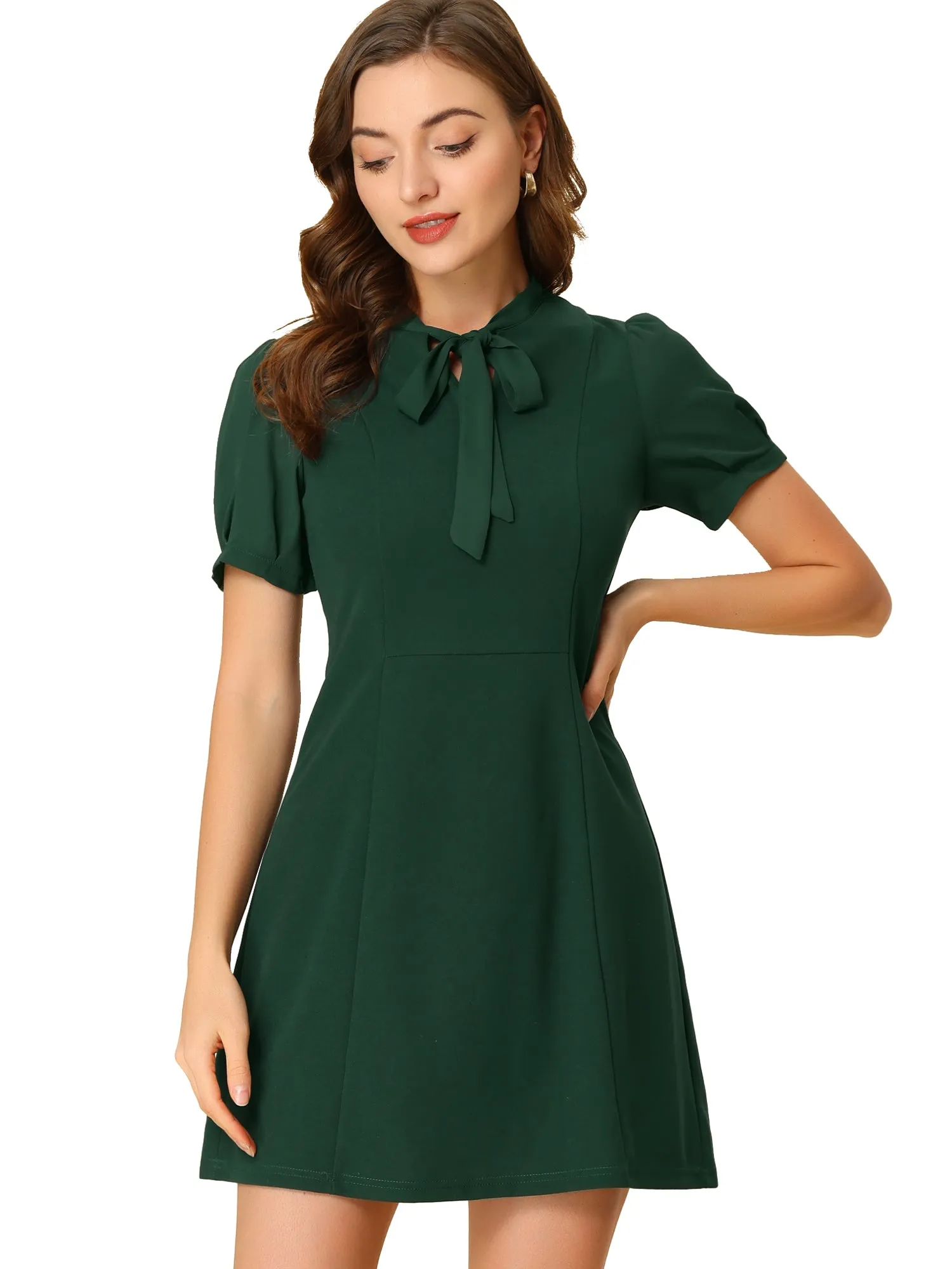 Elegant Tie Neck Puff Short Sleeve Office Work Dress