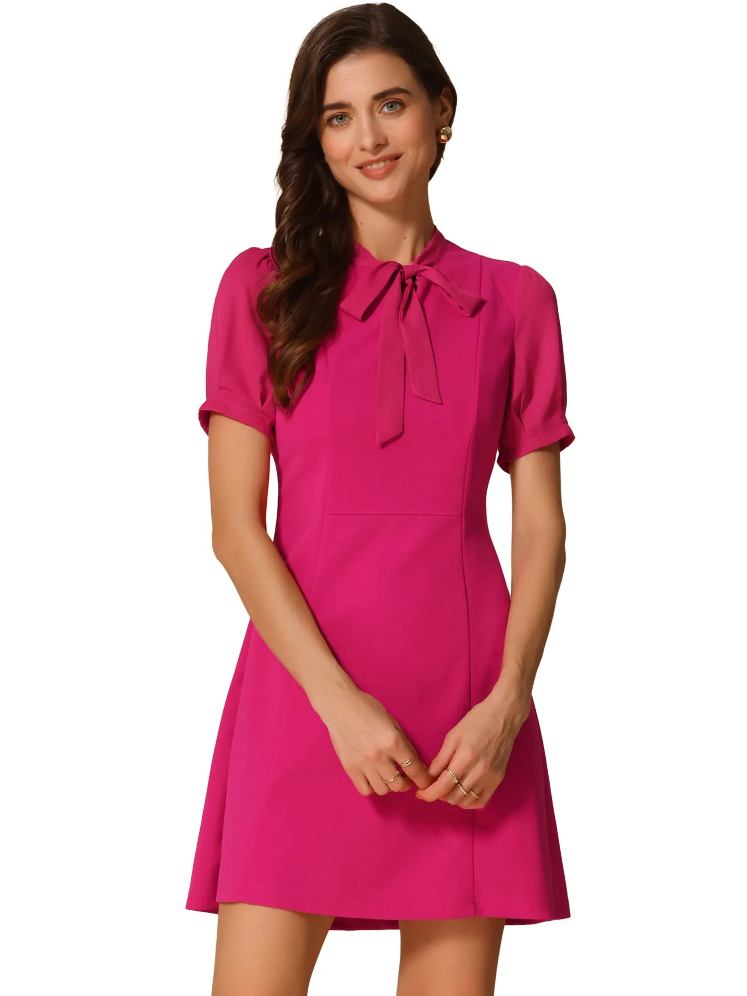 Elegant Tie Neck Puff Short Sleeve Office Work Dress