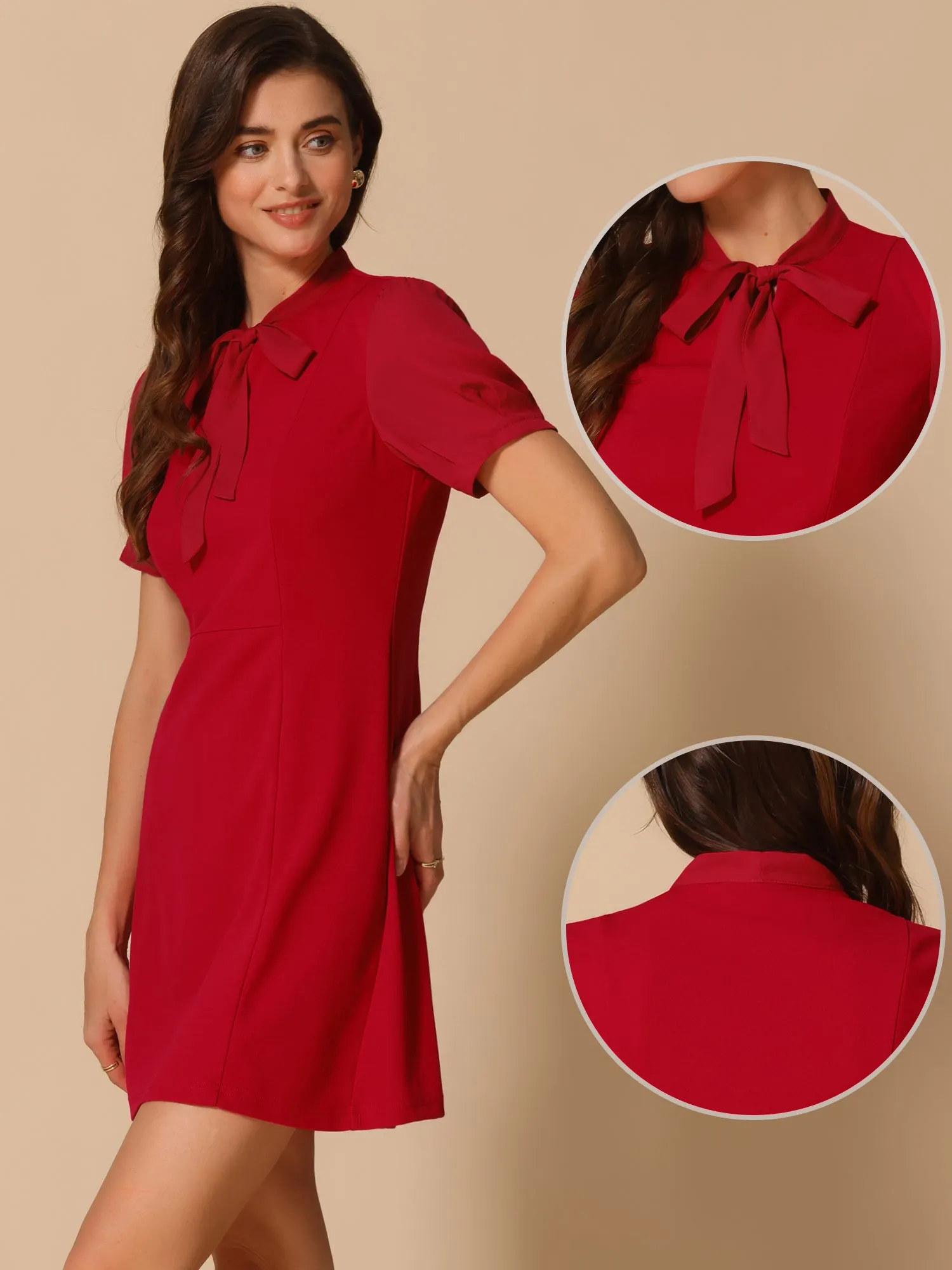 Elegant Tie Neck Puff Short Sleeve Office Work Dress