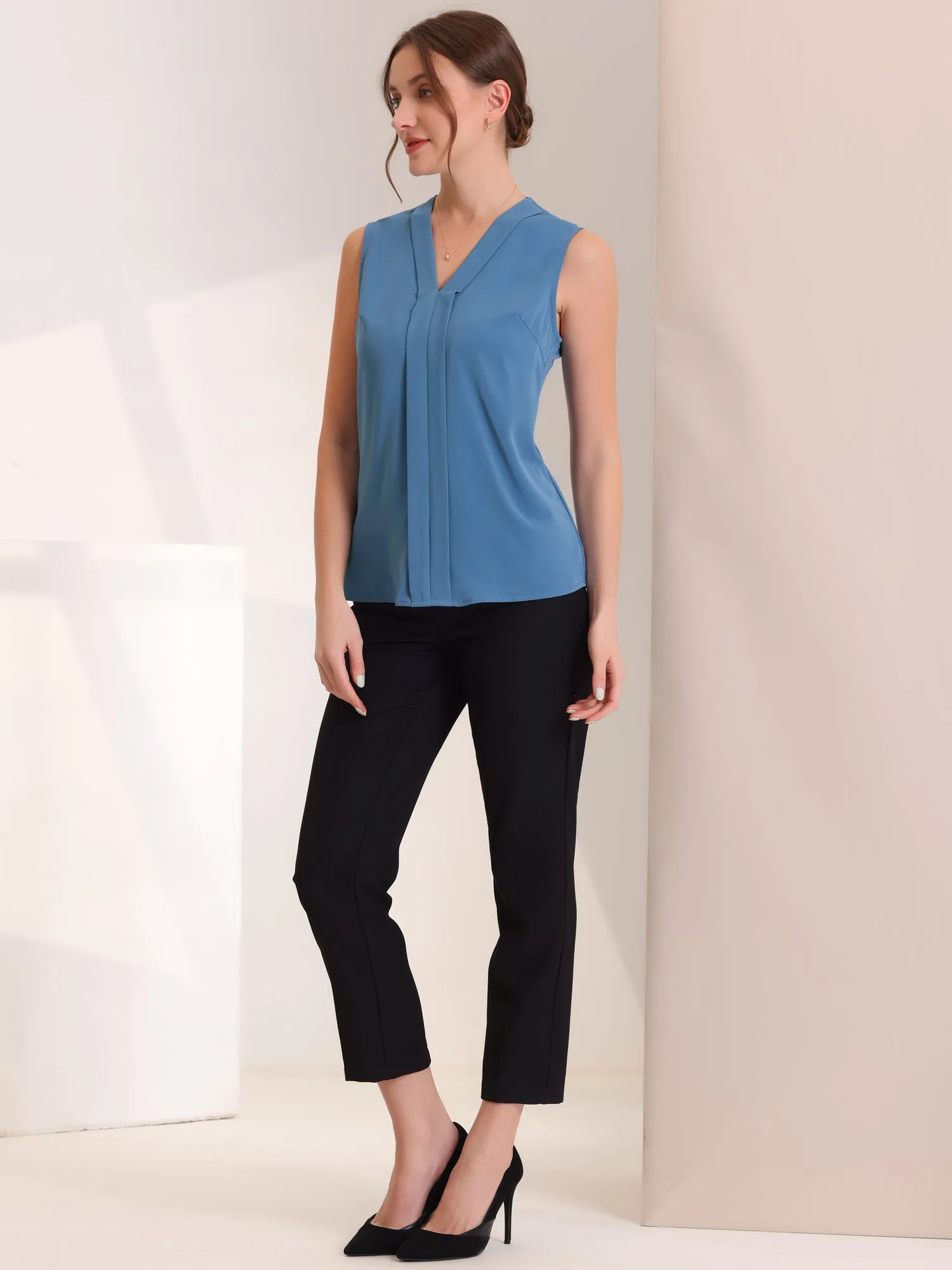 Elegant V Neck Pleated Solid Work Sleeveless Blouse