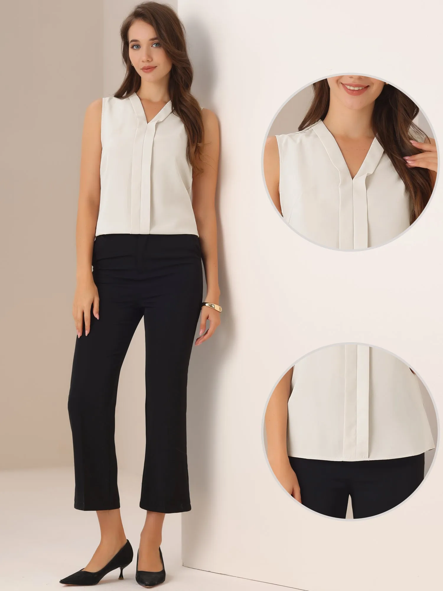 Elegant V Neck Pleated Solid Work Sleeveless Blouse