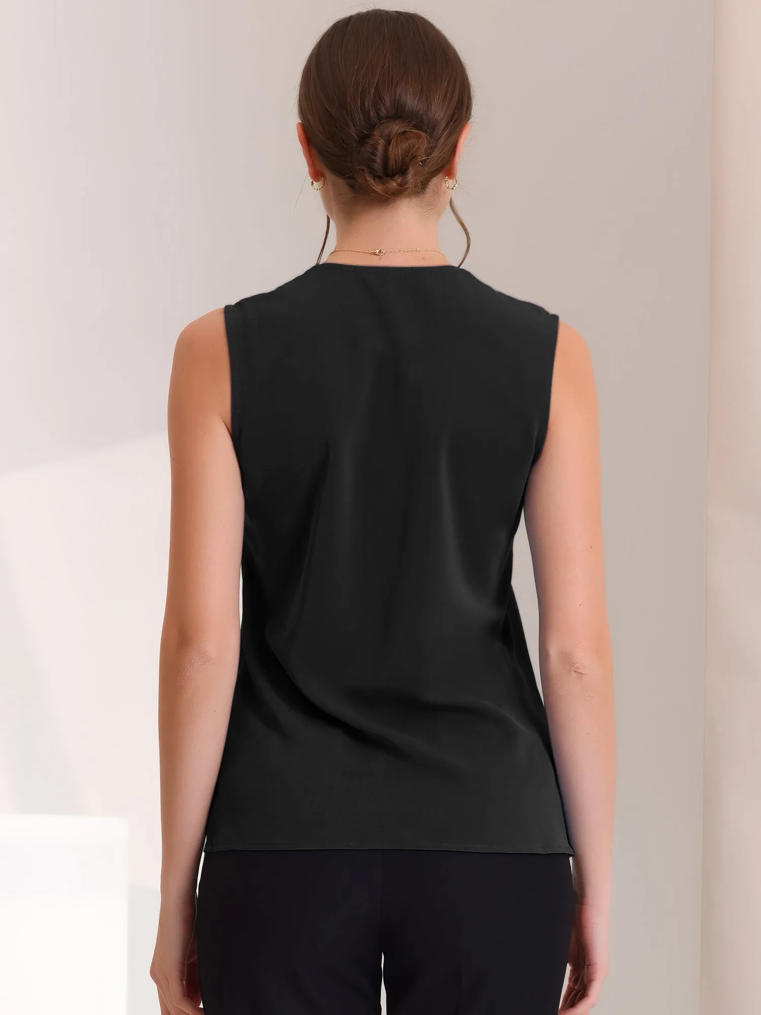 Elegant V Neck Pleated Solid Work Sleeveless Blouse