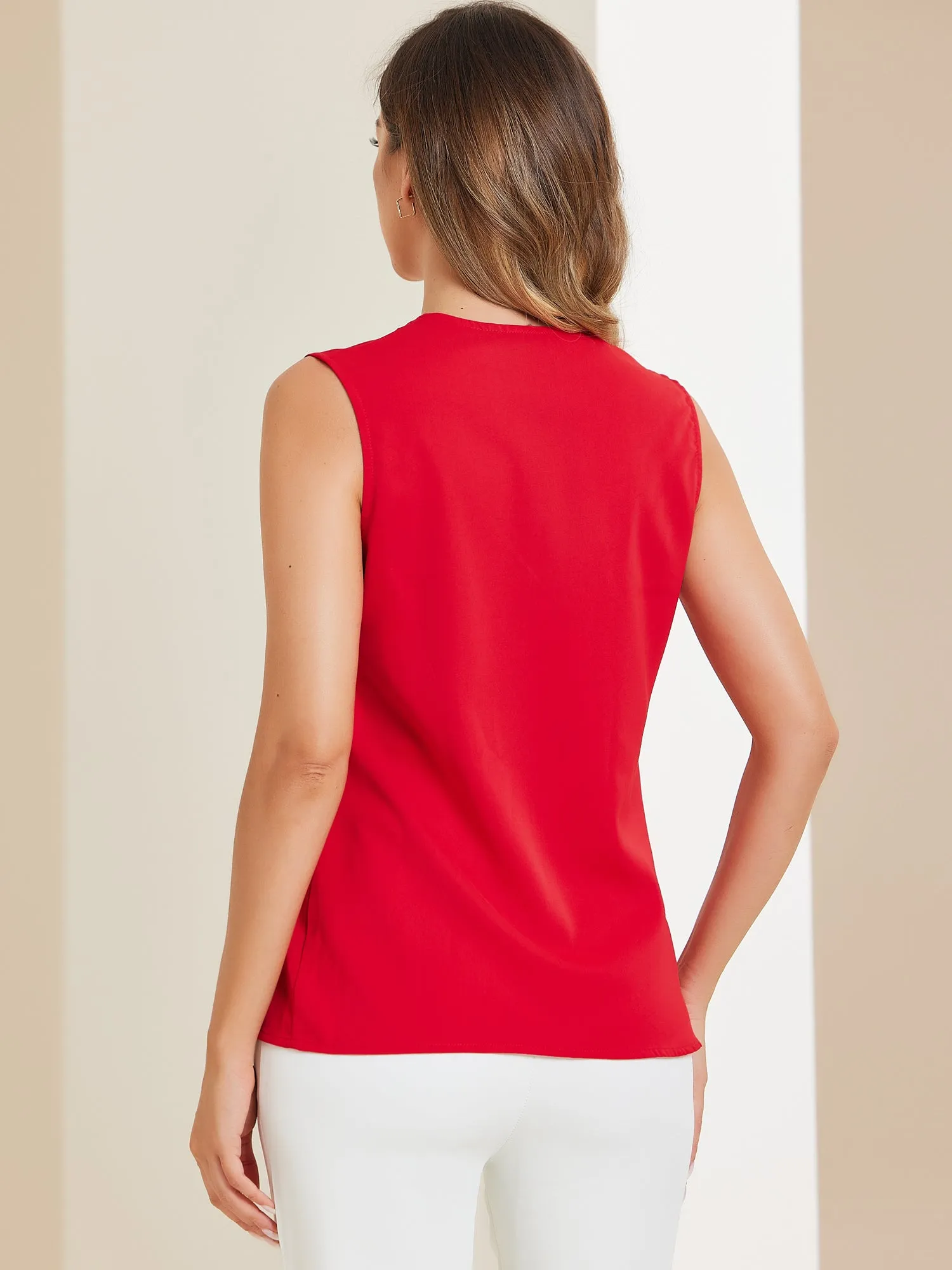 Elegant V Neck Pleated Solid Work Sleeveless Blouse