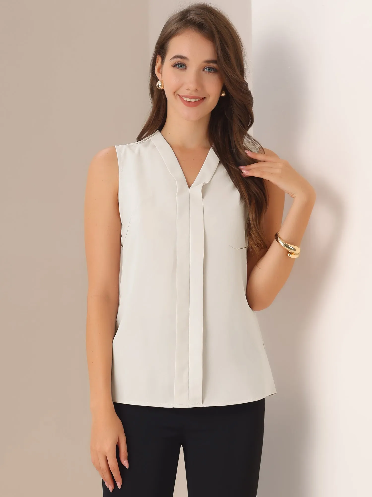 Elegant V Neck Pleated Solid Work Sleeveless Blouse