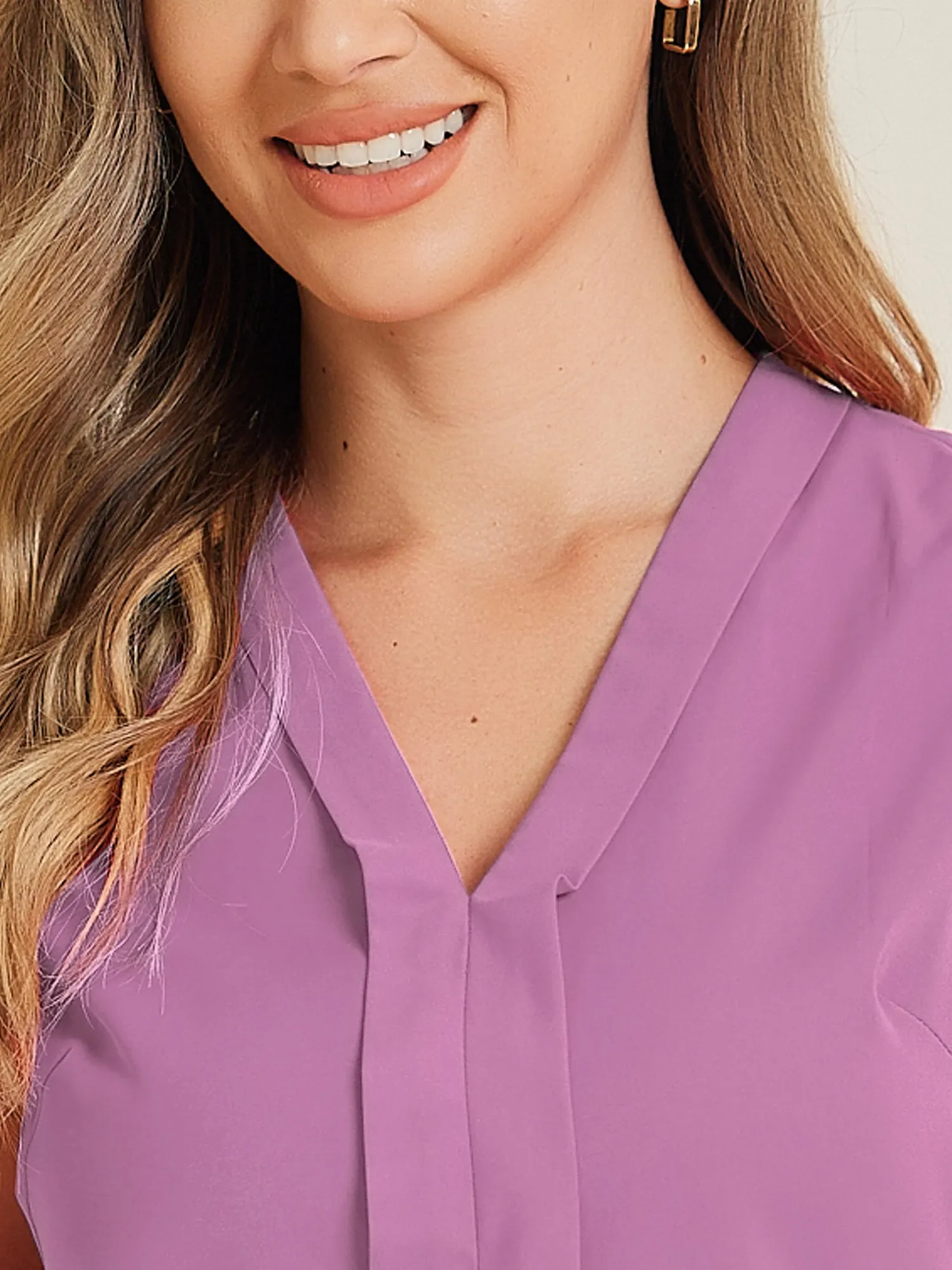 Elegant V Neck Pleated Solid Work Sleeveless Blouse