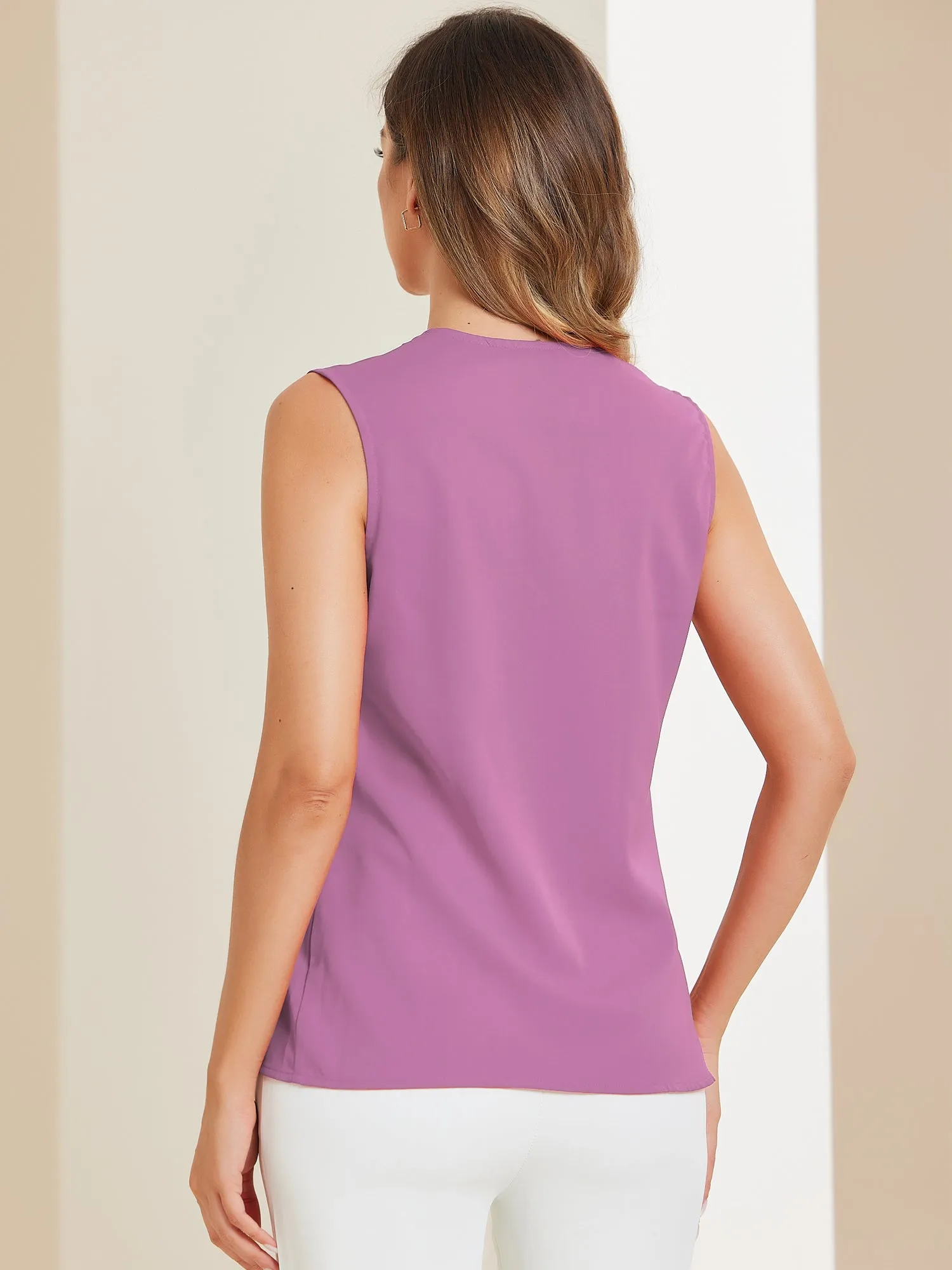 Elegant V Neck Pleated Solid Work Sleeveless Blouse