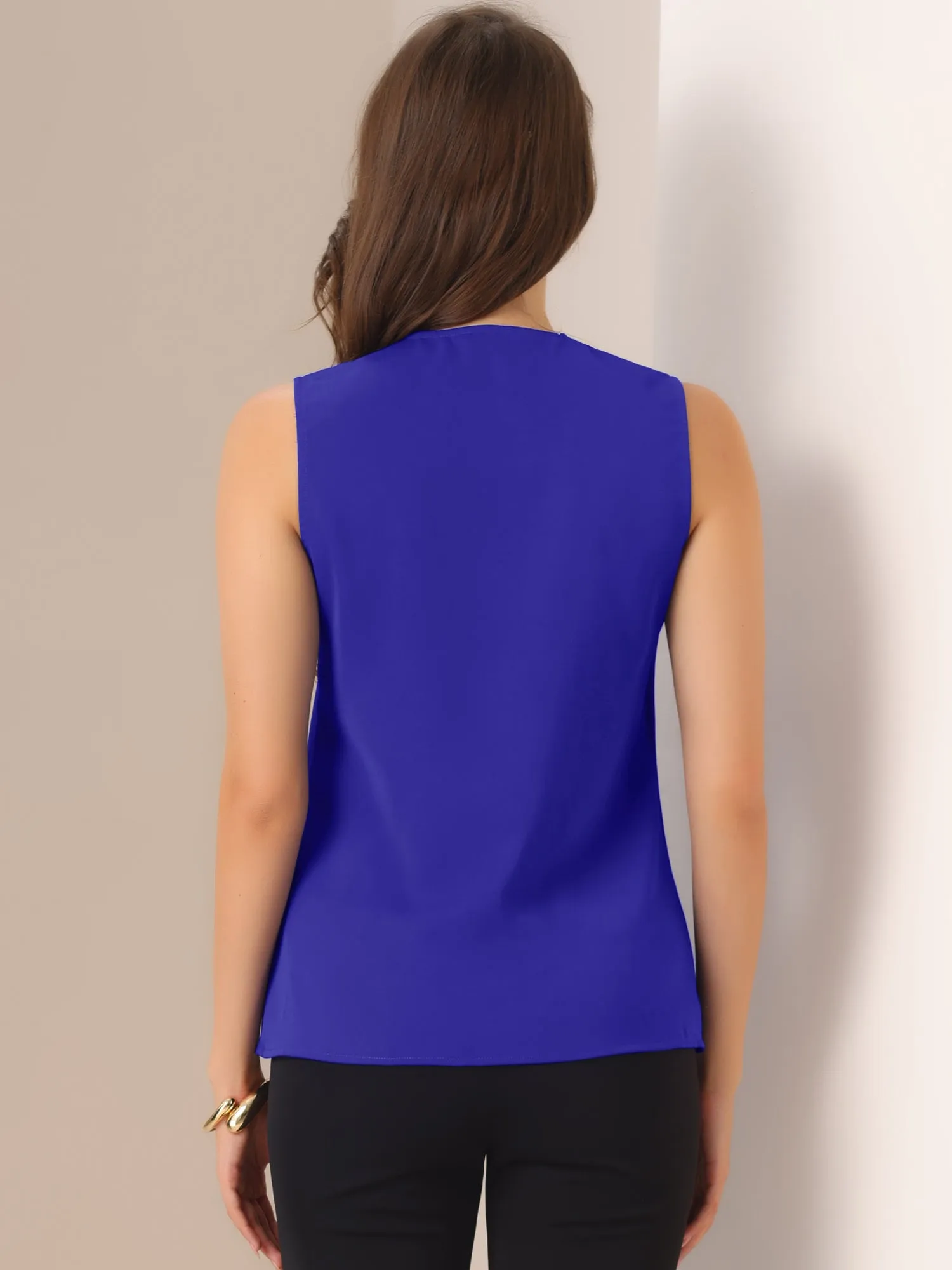 Elegant V Neck Pleated Solid Work Sleeveless Blouse