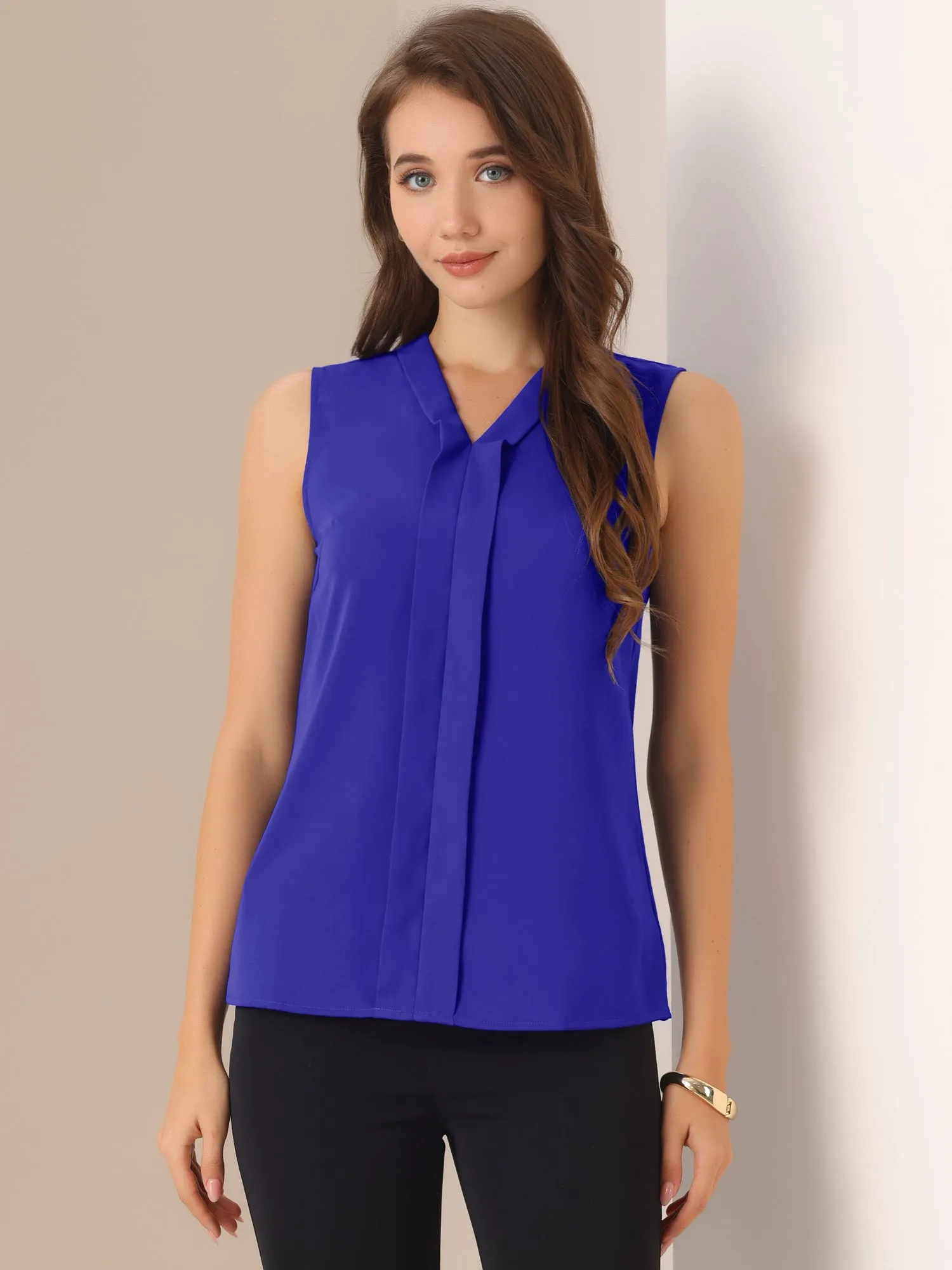 Elegant V Neck Pleated Solid Work Sleeveless Blouse