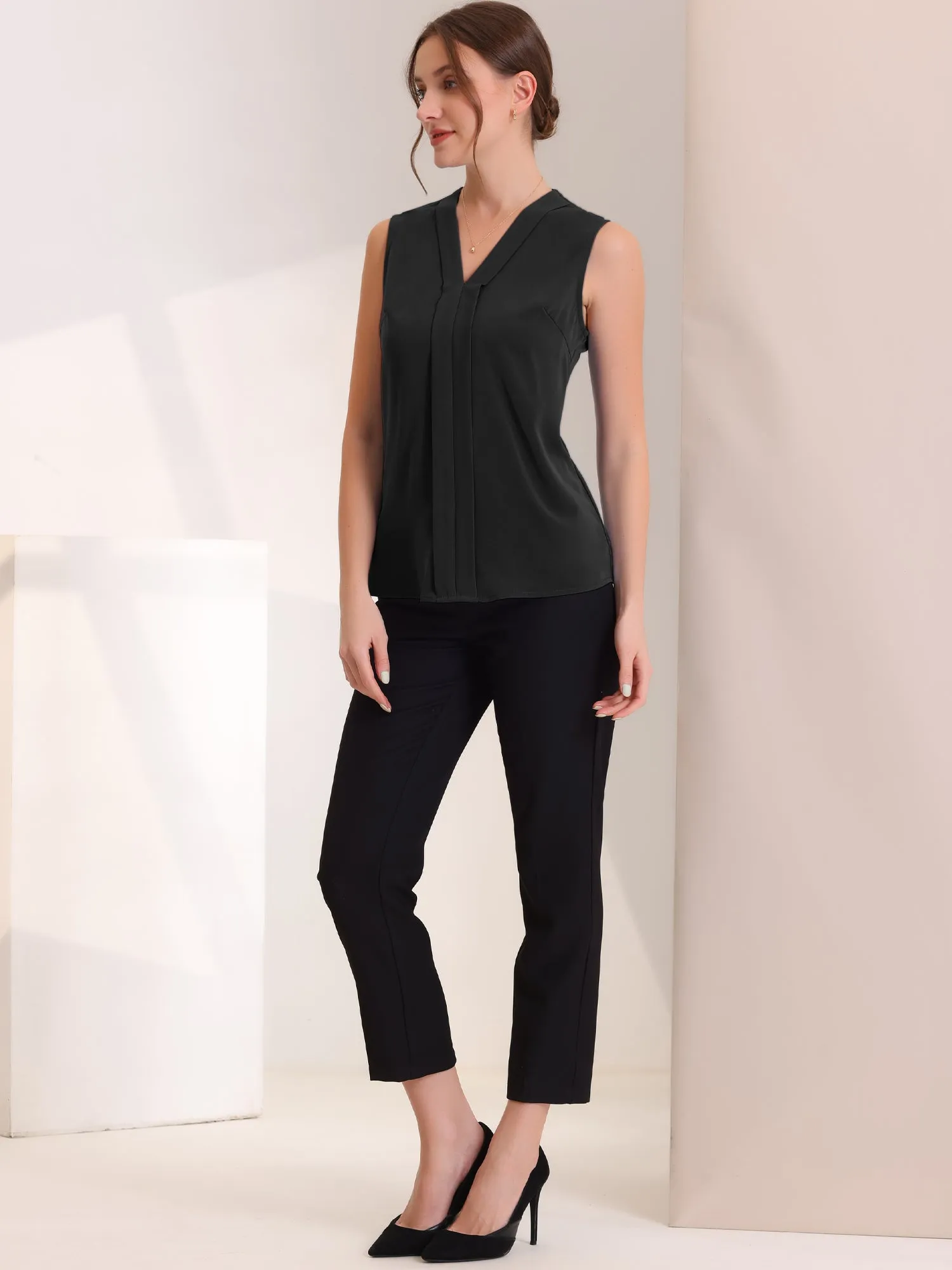 Elegant V Neck Pleated Solid Work Sleeveless Blouse