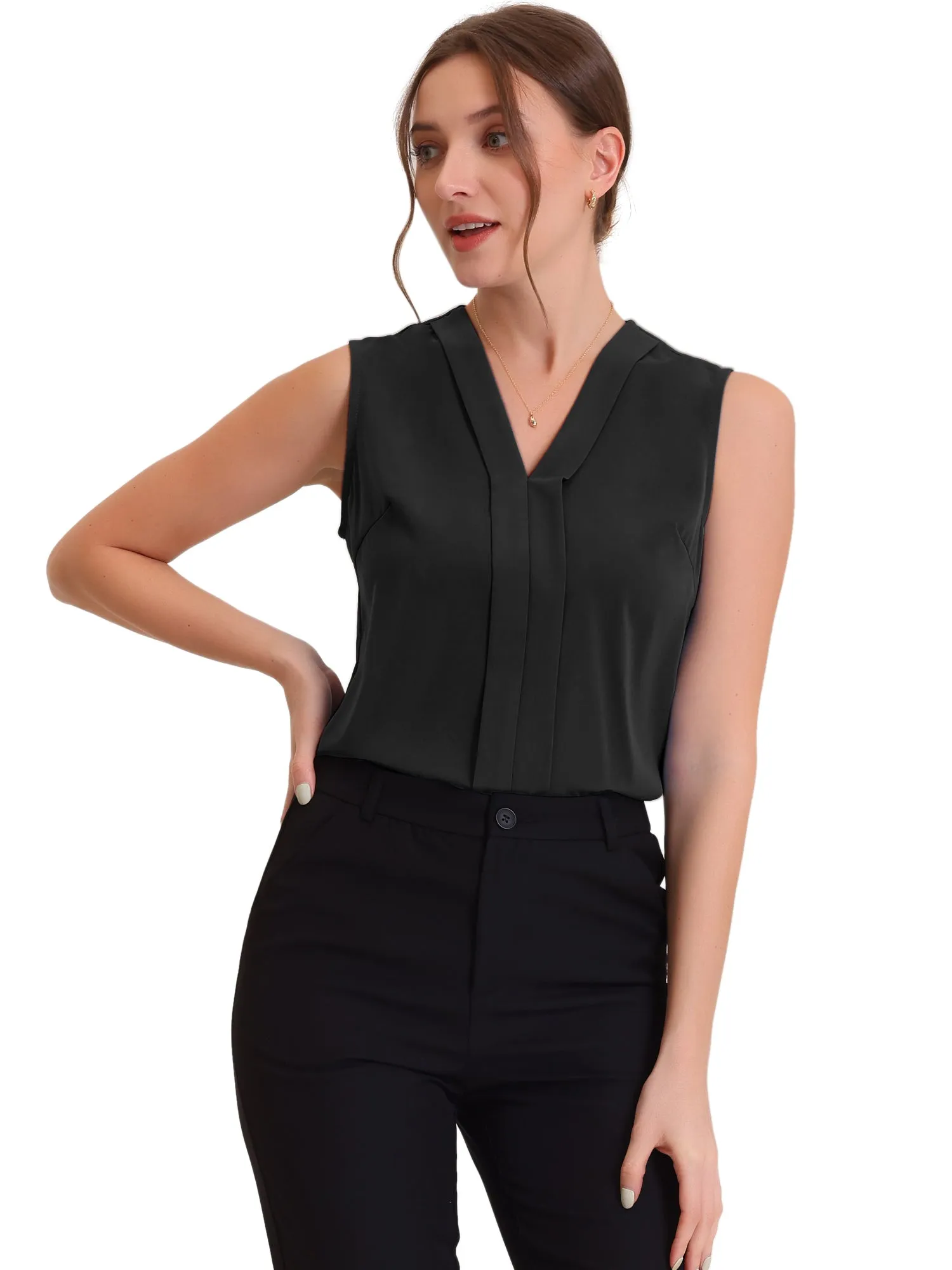 Elegant V Neck Pleated Solid Work Sleeveless Blouse