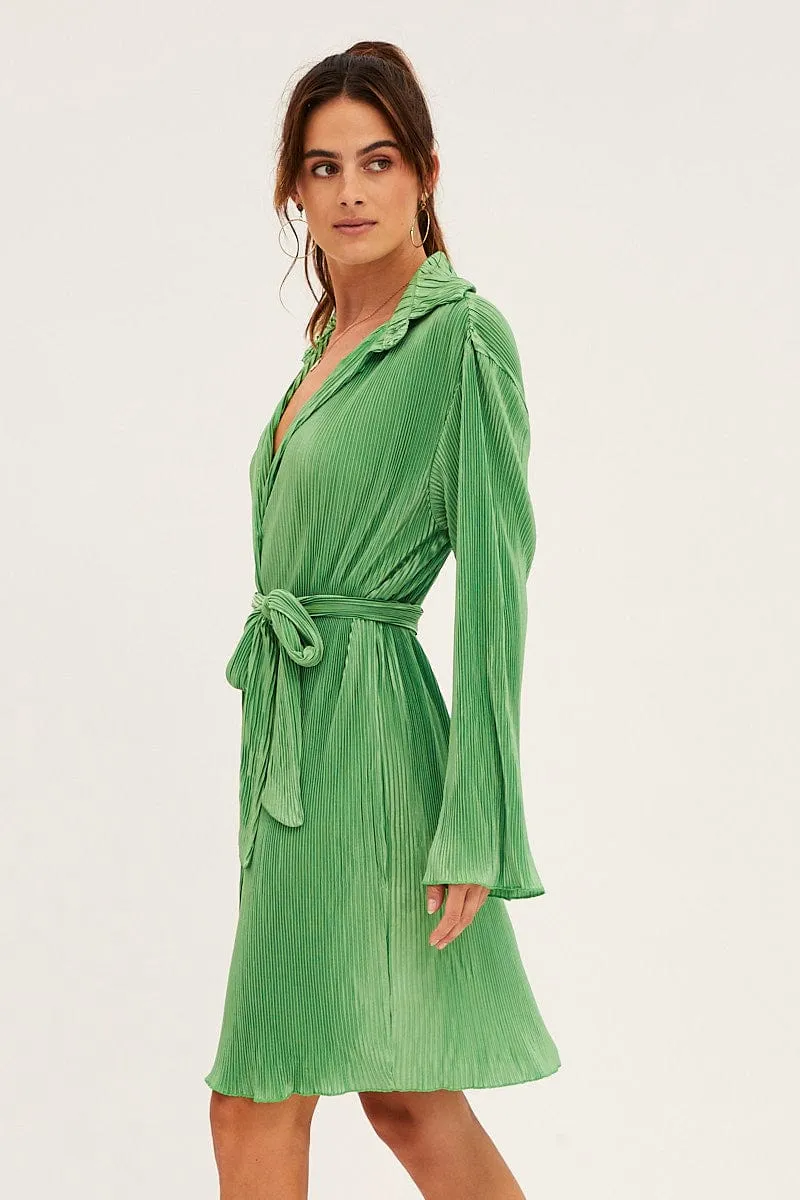 Green Plisse Shirt Dress Front Button