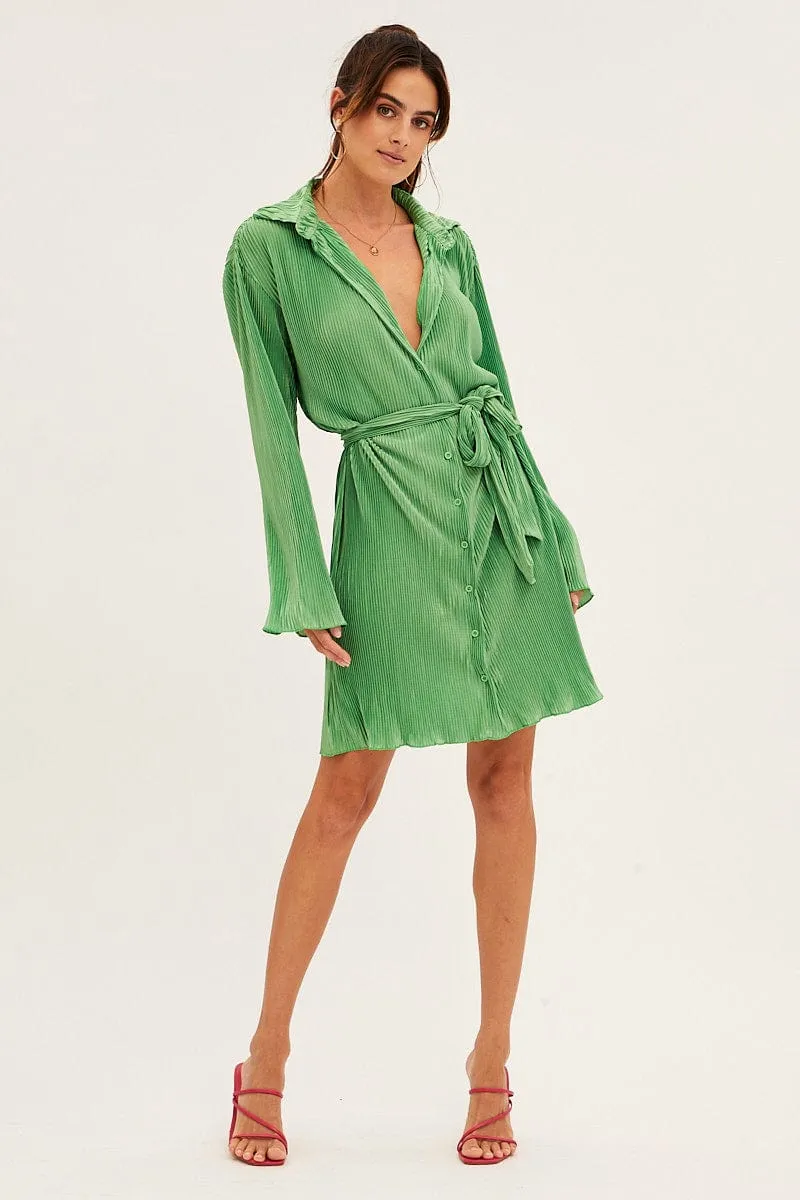 Green Plisse Shirt Dress Front Button