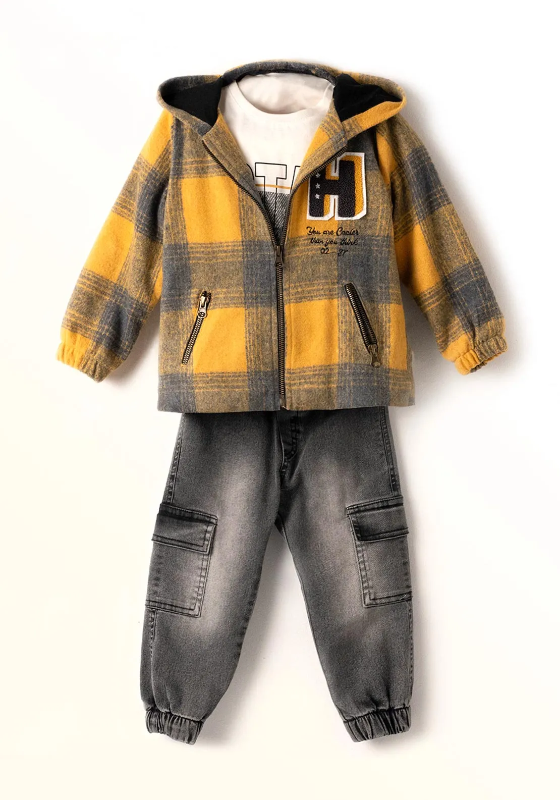 Hashtag Mini Boy Three Piece Check Set, Mustard