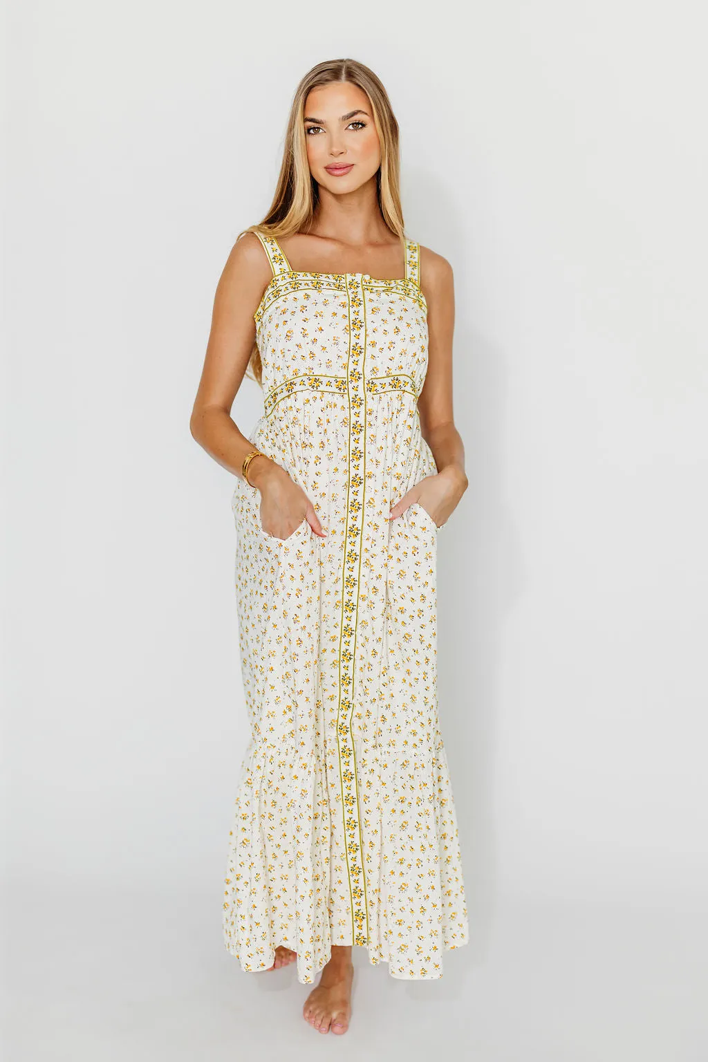 Kenna Cotton Floral Embroidered Maxi In Daffodil