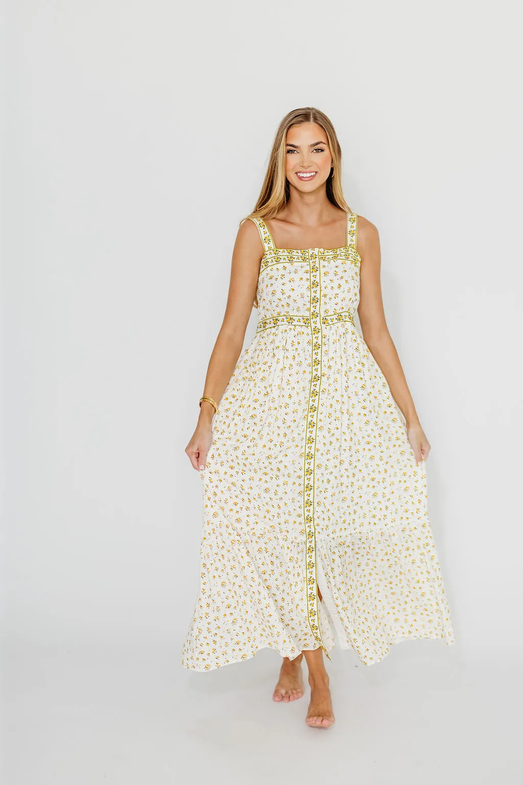 Kenna Cotton Floral Embroidered Maxi In Daffodil