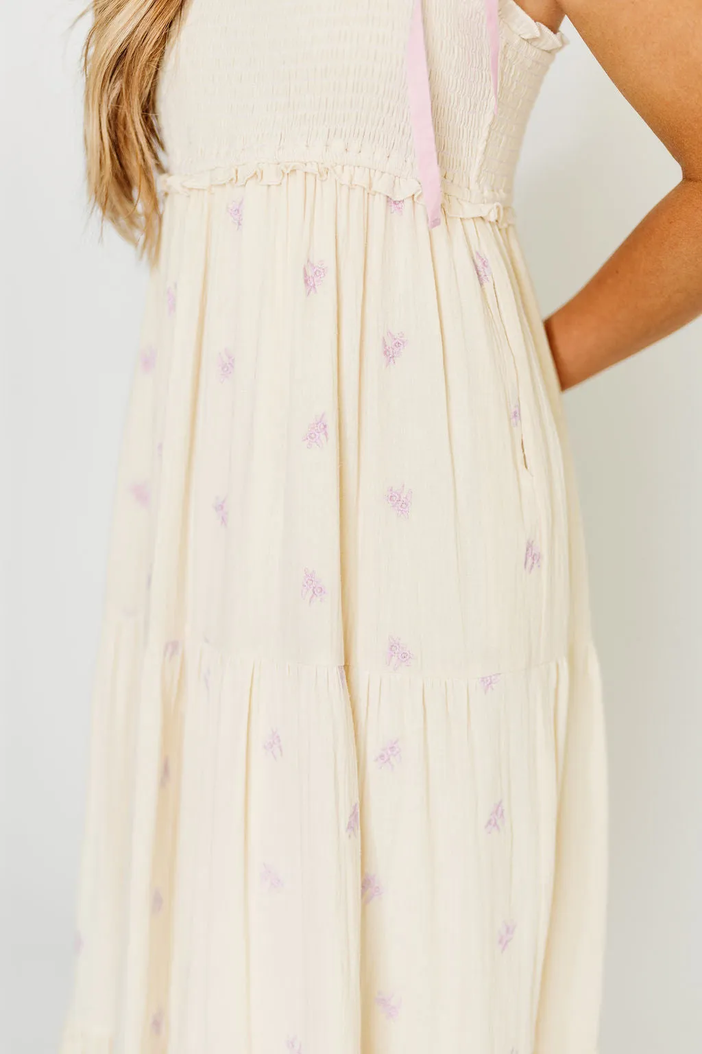 Kiana 100% Cotton Smocked Embroidered Gauze Maxi in Creme