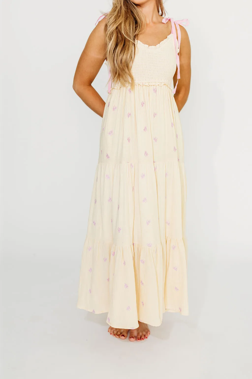 Kiana 100% Cotton Smocked Embroidered Gauze Maxi in Creme