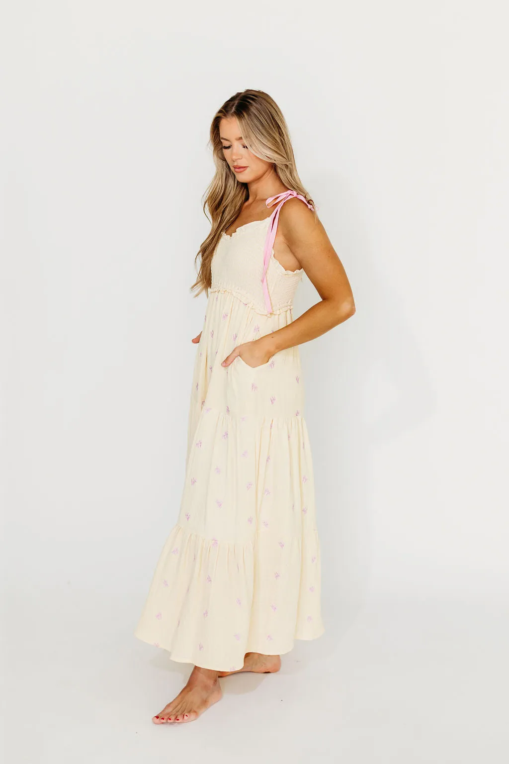 Kiana 100% Cotton Smocked Embroidered Gauze Maxi in Creme