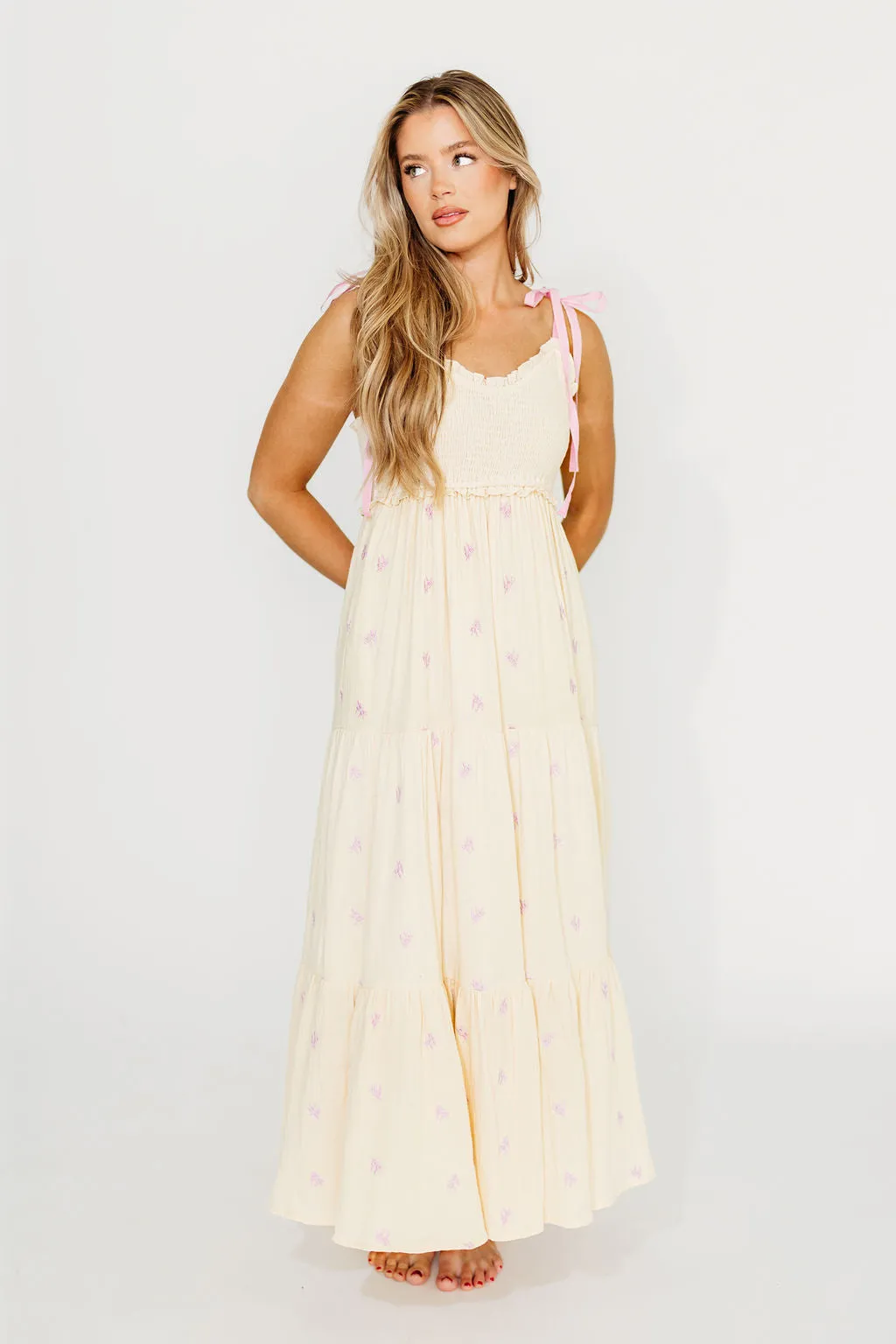 Kiana 100% Cotton Smocked Embroidered Gauze Maxi in Creme