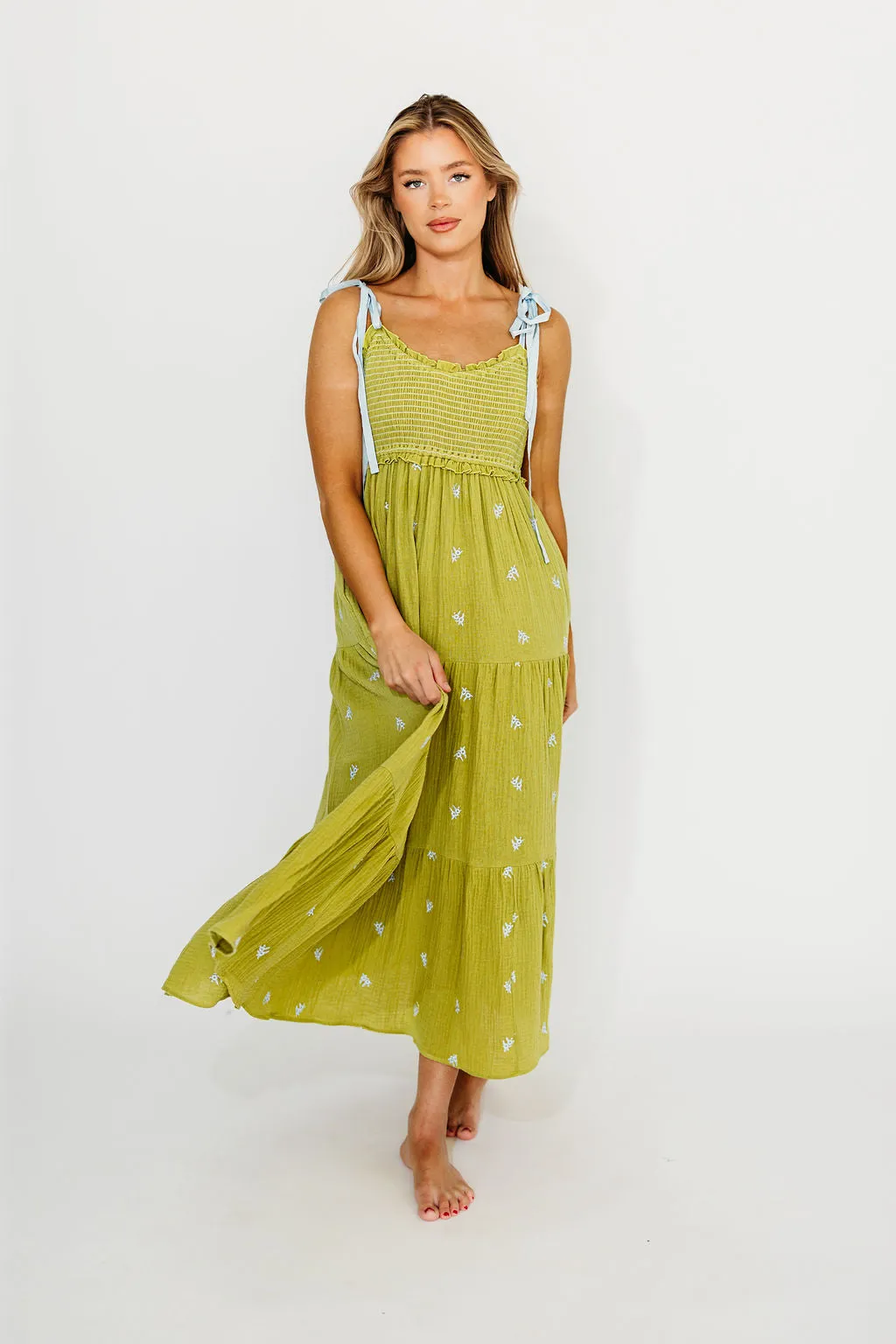 Kiana 100% Cotton Smocked Embroidered Gauze Maxi in Moss