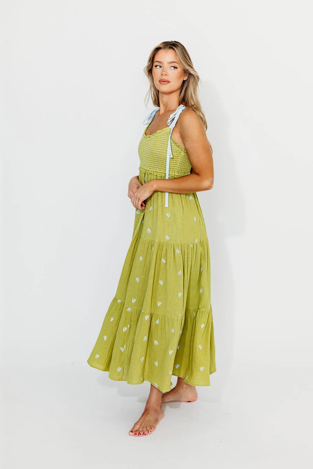 Kiana 100% Cotton Smocked Embroidered Gauze Maxi in Moss