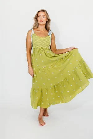 Kiana 100% Cotton Smocked Embroidered Gauze Maxi in Moss