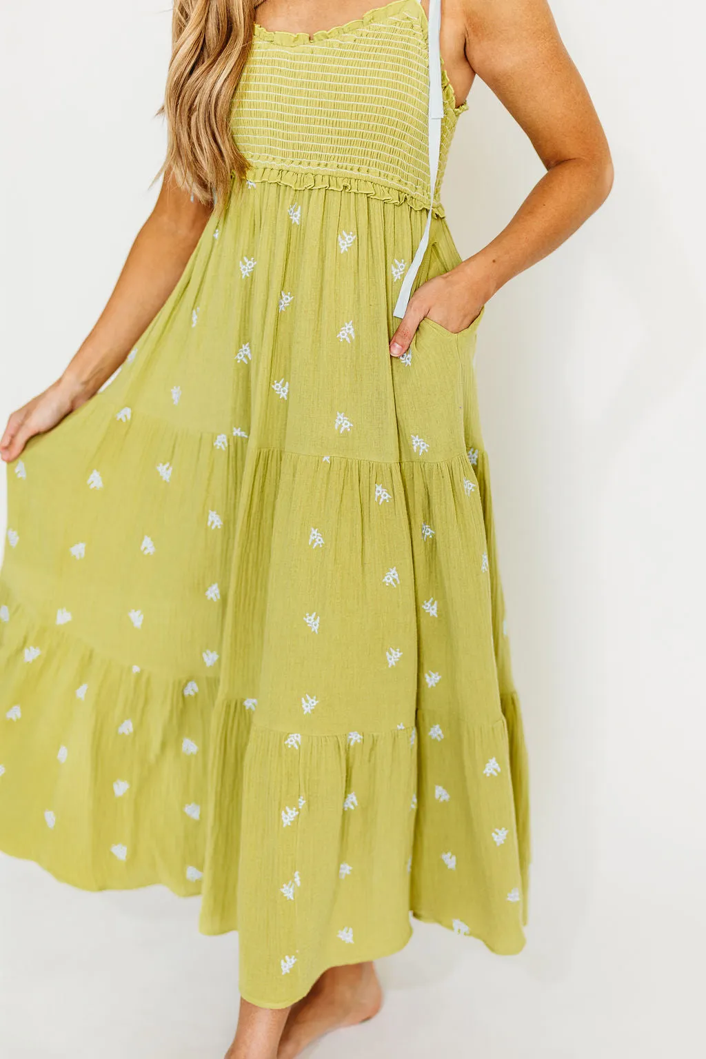 Kiana 100% Cotton Smocked Embroidered Gauze Maxi in Moss