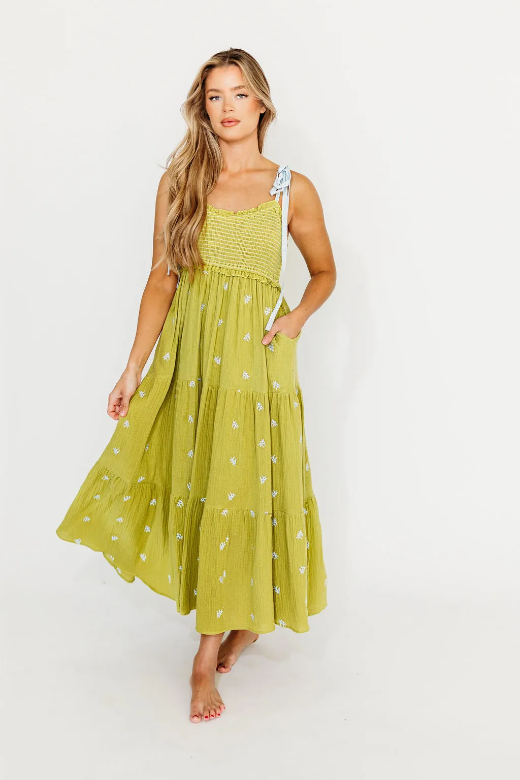 Kiana 100% Cotton Smocked Embroidered Gauze Maxi in Moss