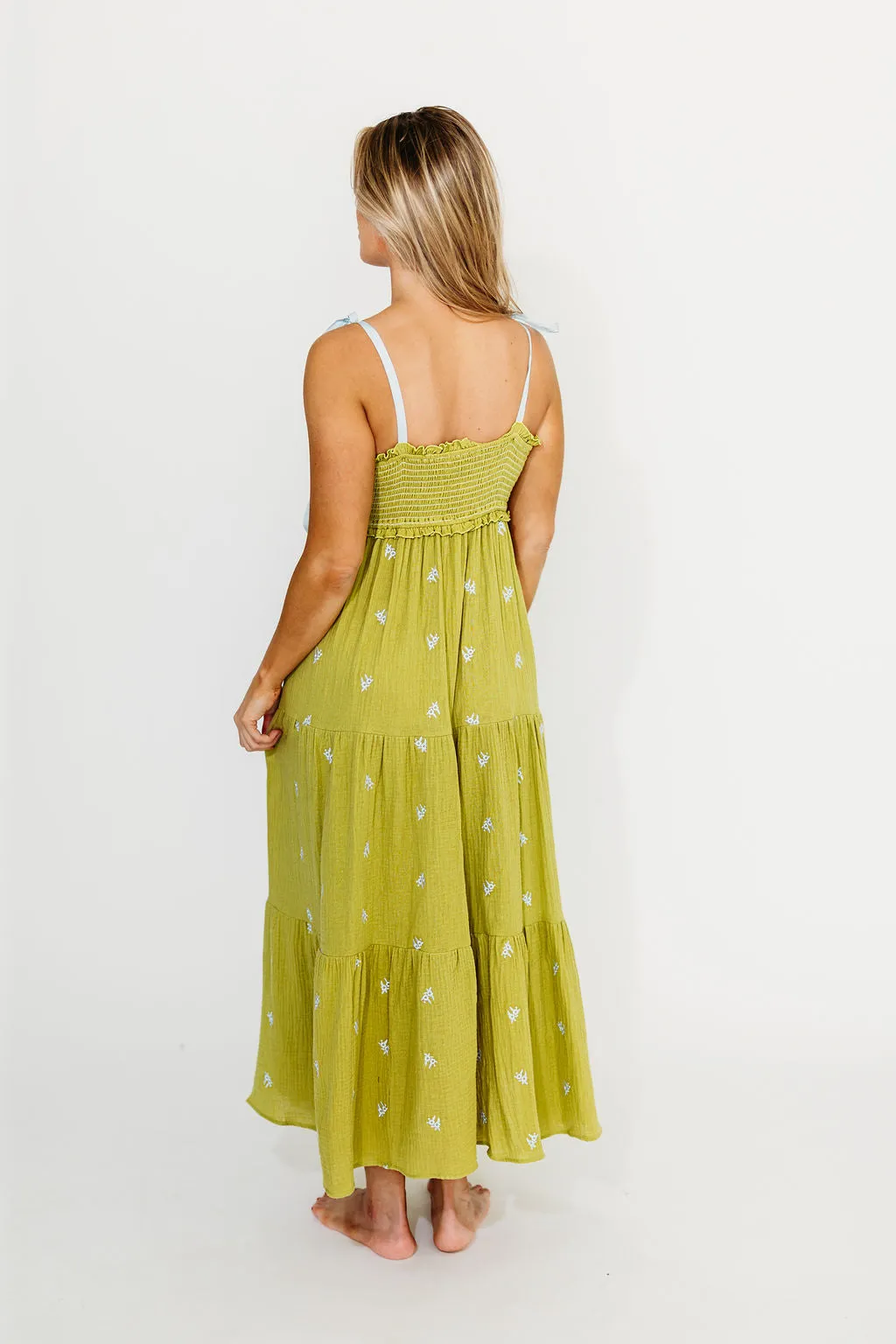Kiana 100% Cotton Smocked Embroidered Gauze Maxi in Moss