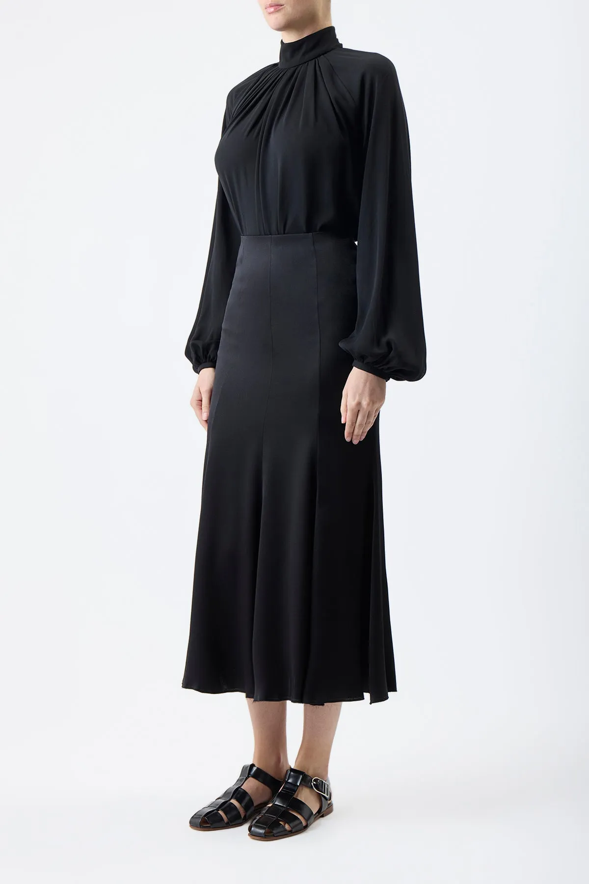 Kiian Pleated Top in Black Silk Georgette Twill