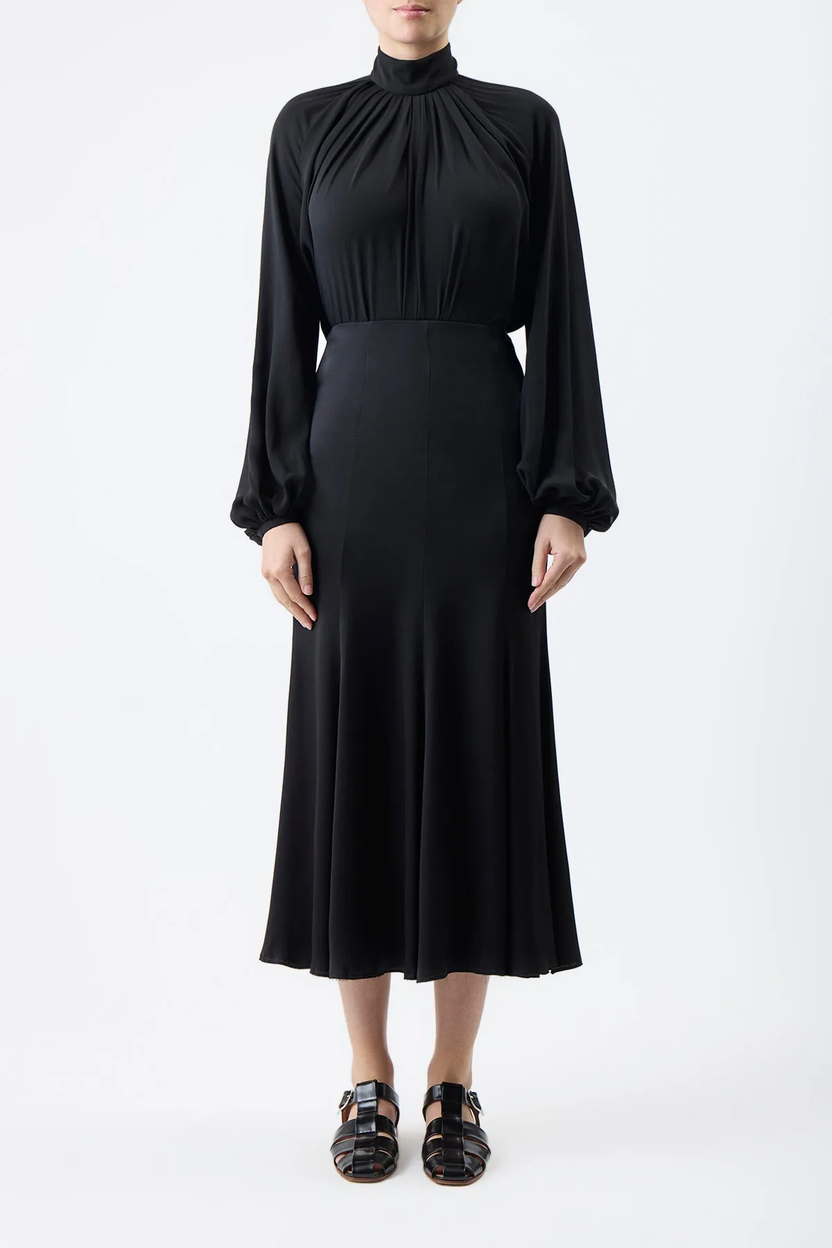 Kiian Pleated Top in Black Silk Georgette Twill