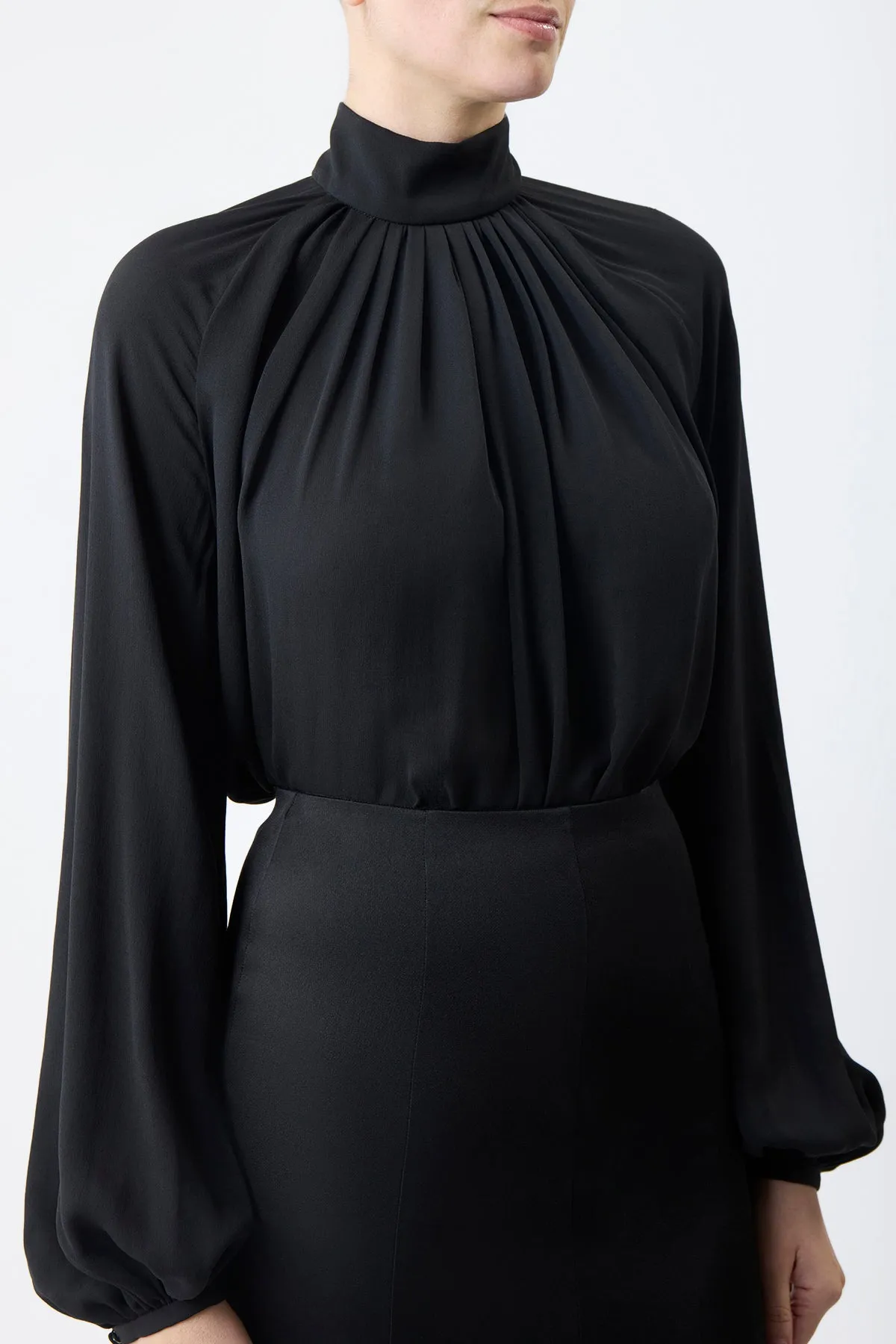 Kiian Pleated Top in Black Silk Georgette Twill