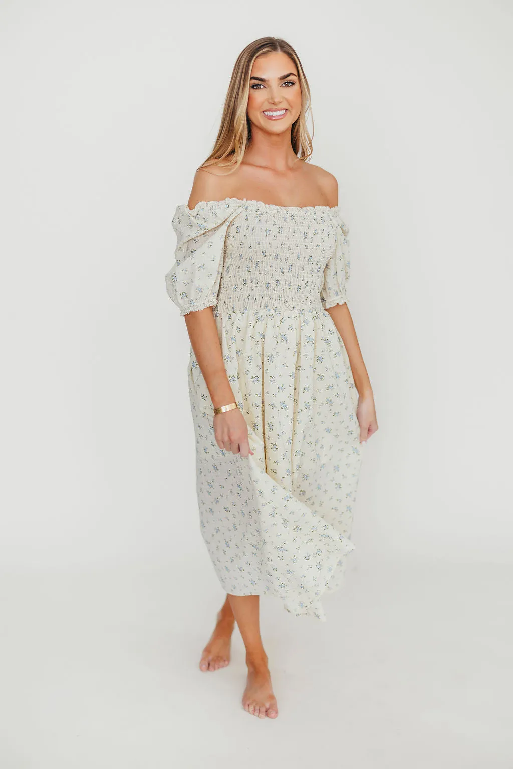Kinsley Ditsy Floral Smocked Midi Dress in Sky Blue