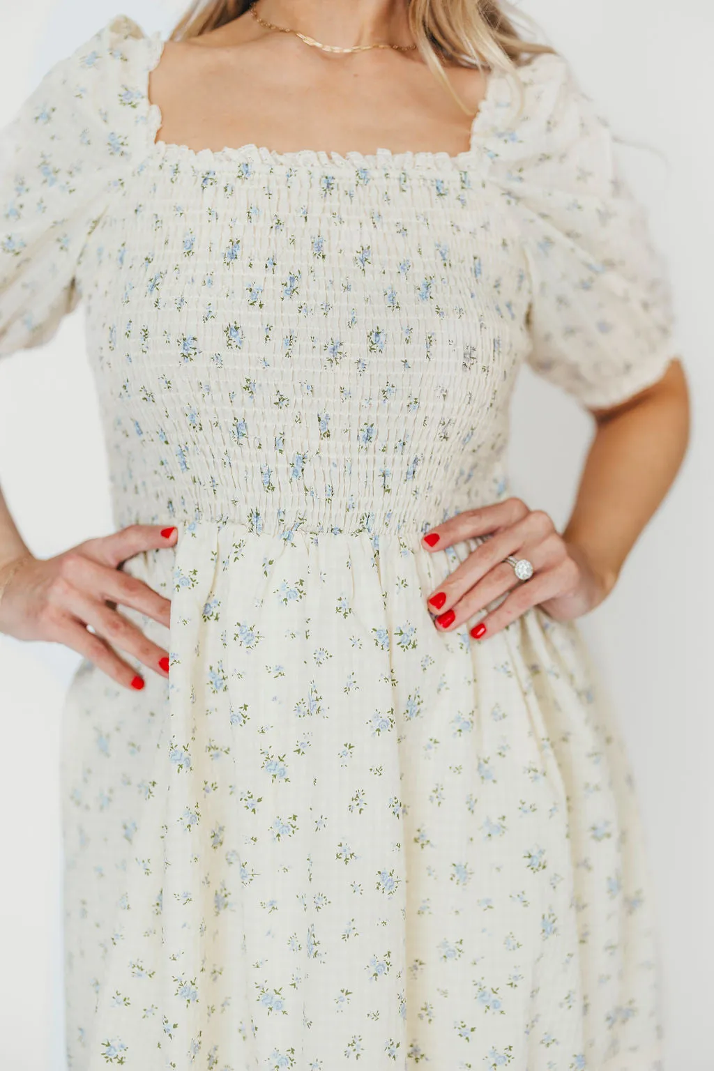 Kinsley Ditsy Floral Smocked Midi Dress in Sky Blue