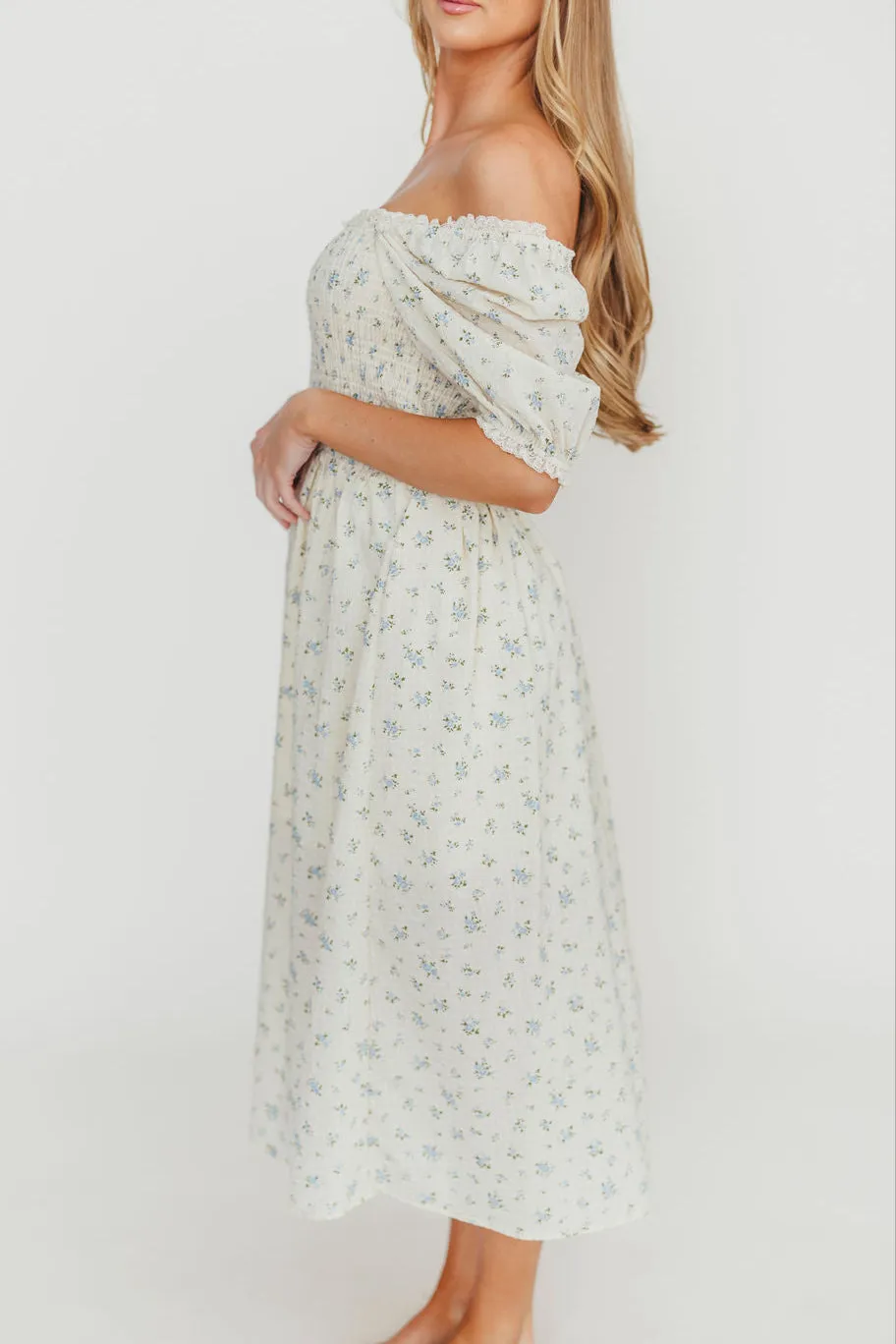 Kinsley Ditsy Floral Smocked Midi Dress in Sky Blue