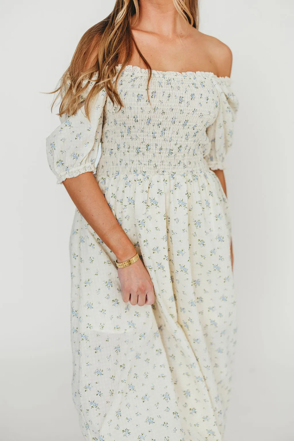Kinsley Ditsy Floral Smocked Midi Dress in Sky Blue