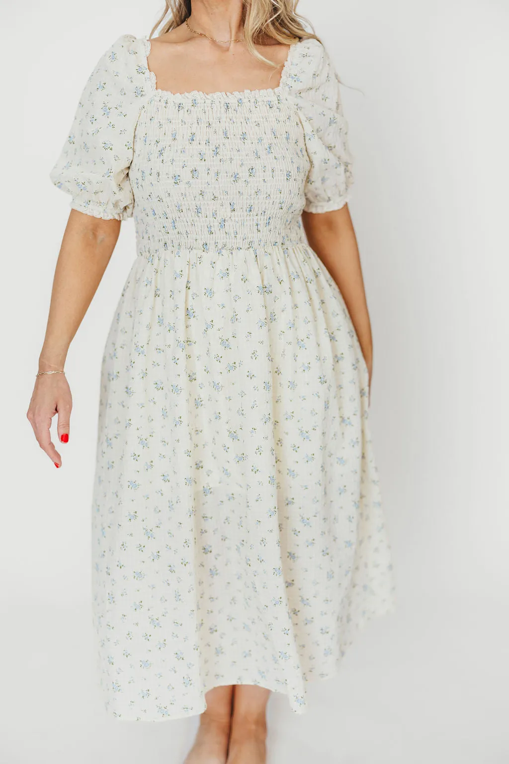 Kinsley Ditsy Floral Smocked Midi Dress in Sky Blue